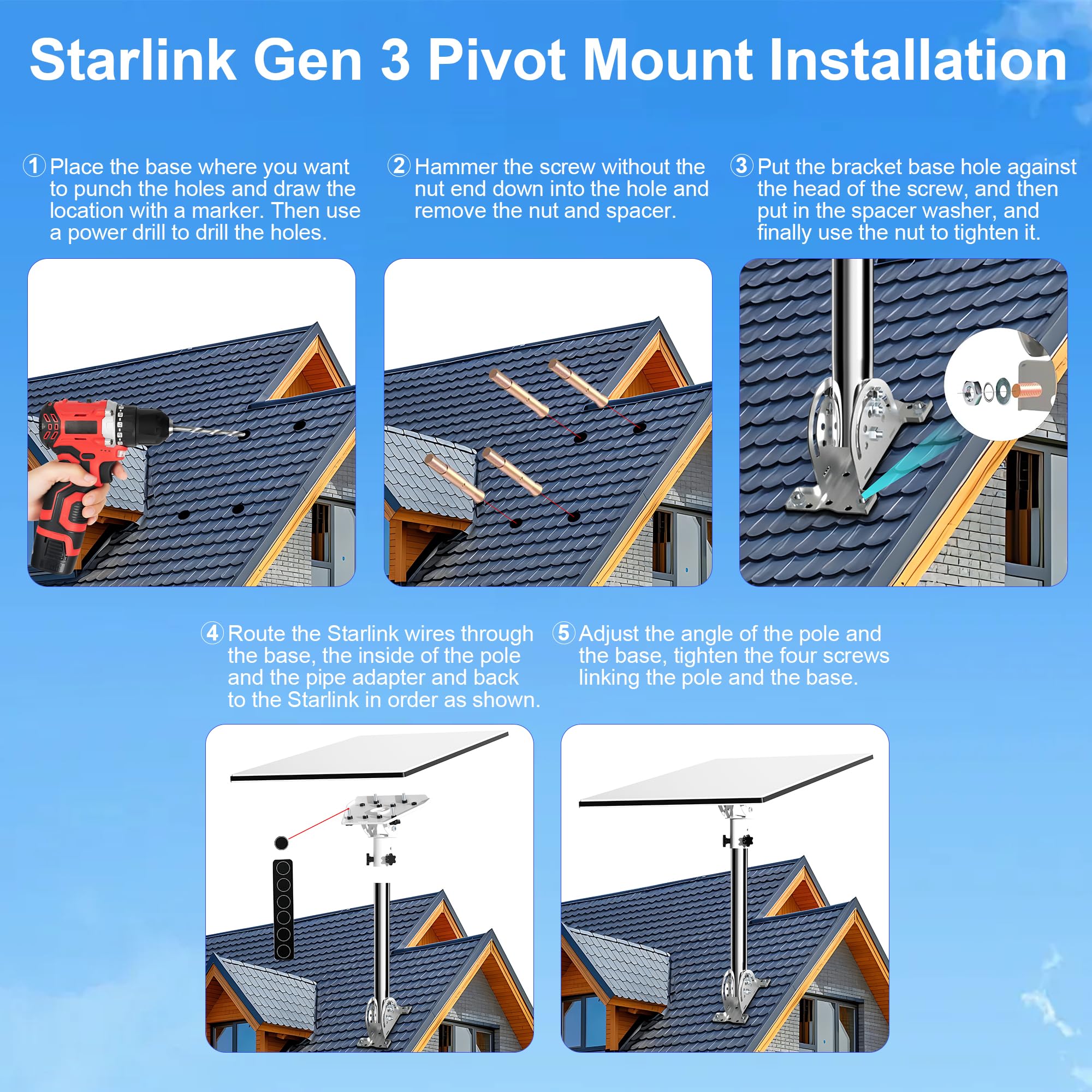 Soporte Starlink Gen 3, Montaje de Techo de Acero Inoxidable con Adaptador de Tubería Ajustable Gen3, Kit de Montaje Starlink Internet Satelital para Antena Estándar V3