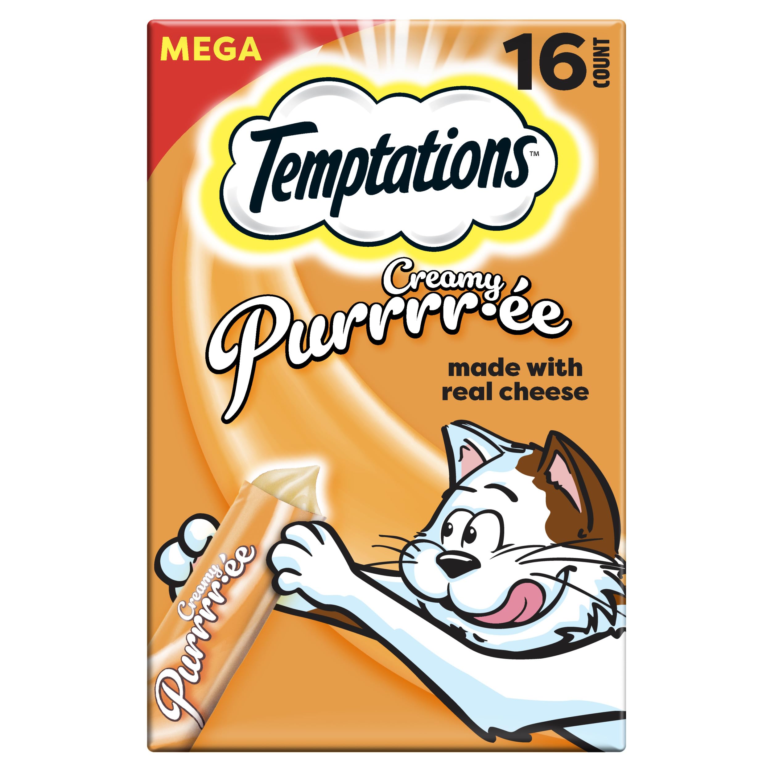Temptations Creamy Puree Squeezable Lickable Cat Treats, Wet Cat Treats with Cheese, 0.42 oz. Tubes, 16 Count