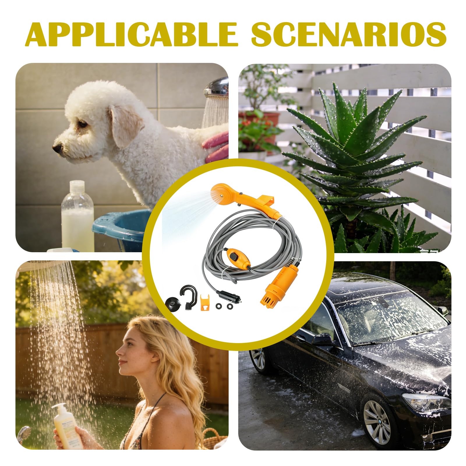 Doccia portatile da campeggio, 12 V, per campeggio, presa accendisigari, per esterni, con pompa a immersione e soffione, doccia per esterni, per auto, roulotte, camper