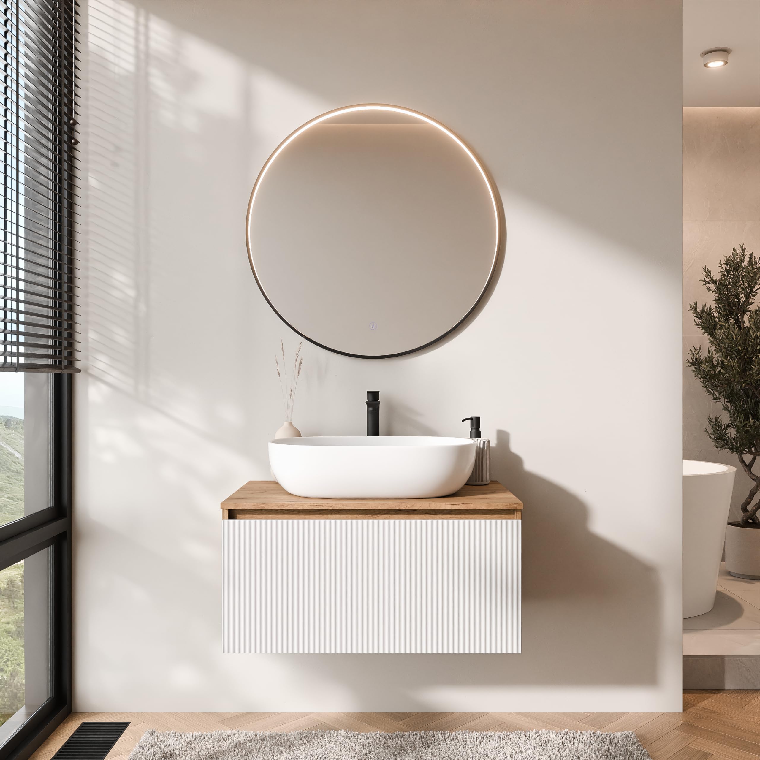 Planetmöbel Arisa - Set di mobili da bagno con mobiletto, 80 cm, colore oro rovere bianco (scanalato) con specchio VELUNA, lavandino da 60 cm, colore: Bianco