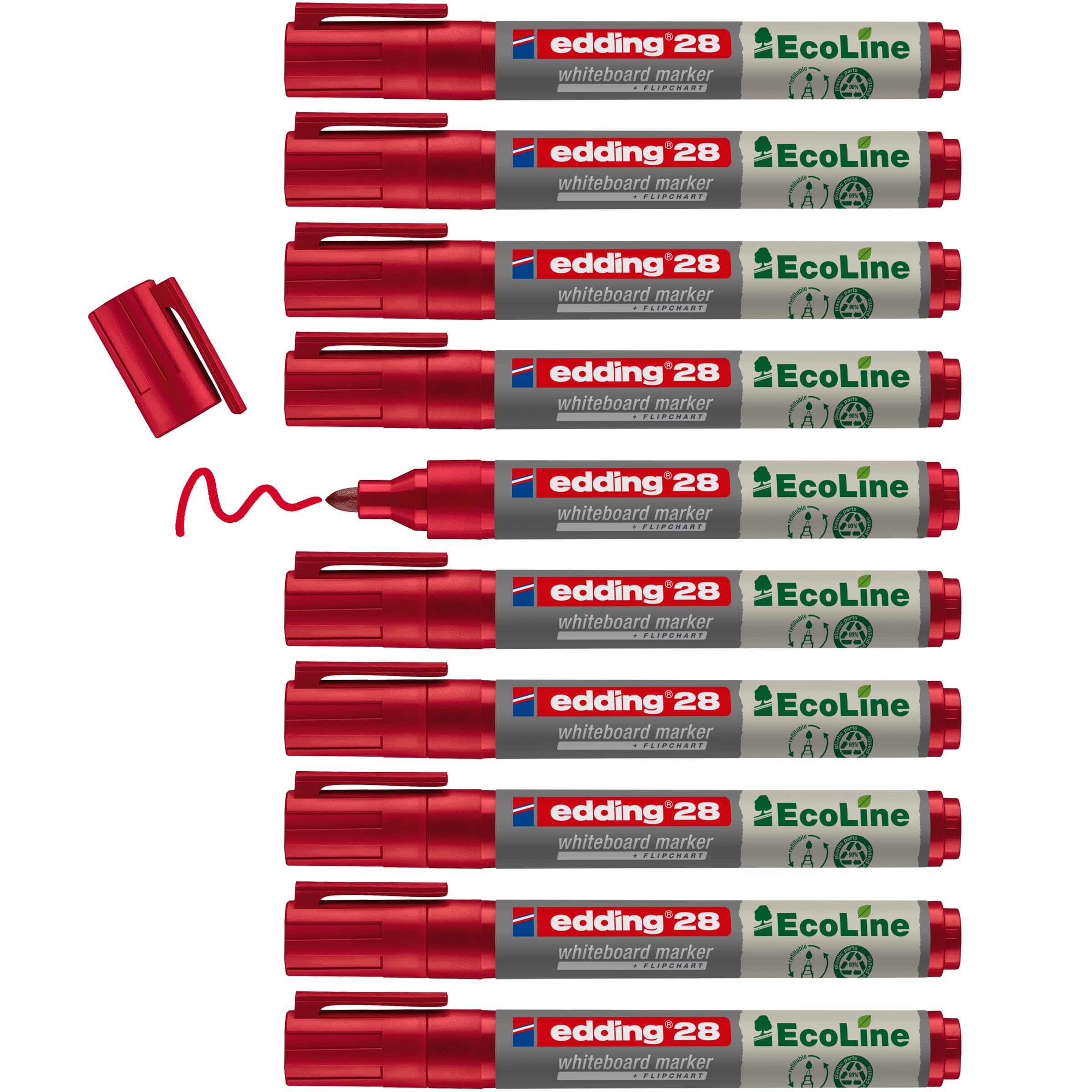 edding 28 Ecoline whiteboard Marker - red - Box of 10 whiteboard pens - Round tip 1.5-3 mm - whiteboard Pen Dry Wipe - for whiteboards, flipcharts, pinboards, memo Boards - sketchnotes - refillable
