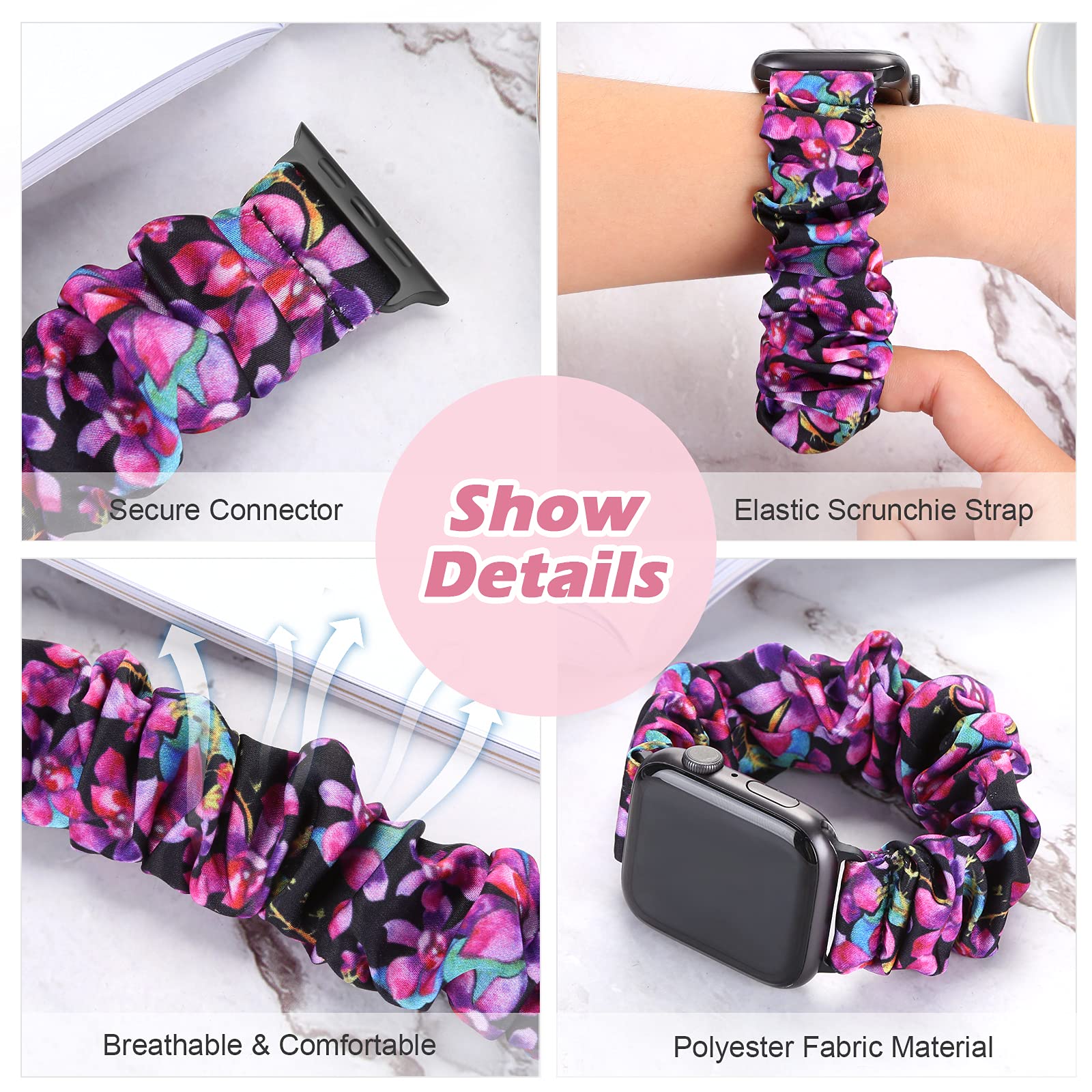 Pasek do zegarka Apple Watch Scrunchie 49 mm, 45 mm, 44 mm, 42 mm, elastyczny, miękki wzór, z nadrukiem, zastępcza opaska na nadgarstek, bransoletka dla kobiet i dziewcząt, do iWatch