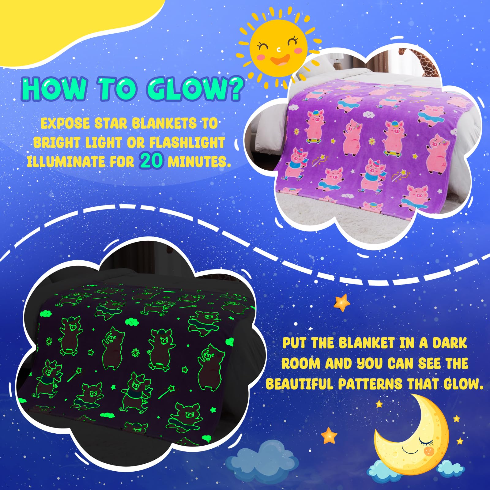 Glow In Dark Pig Blanket For Kids - Kawaii Pink Pig Themed Throw For Girls Birthday Christmas Gifts