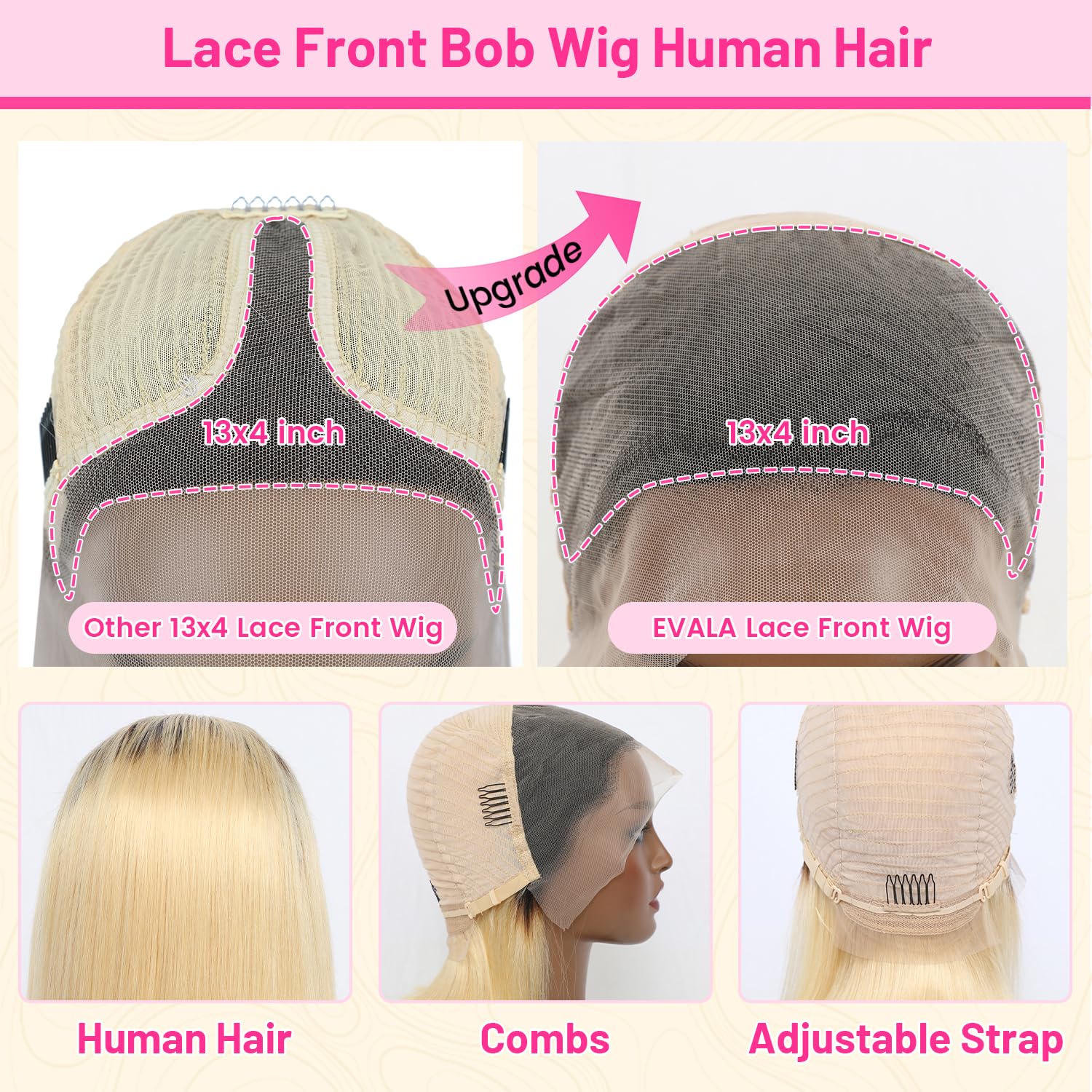 Evala Bob Wig Human Hair Lace Front Wig 13x4 12 inch 180% Density #T1B/613 Blonde Ombre Bob Hair Wigs for Black Women