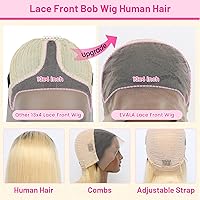 Vista 3 de Evala Peluca de cabello humano con encaje frontal de 13 x 4 pulgadas, 12 pulgadas, densidad del 180 %, rubio #T1B/613, pelucas de cabello estilo Bob