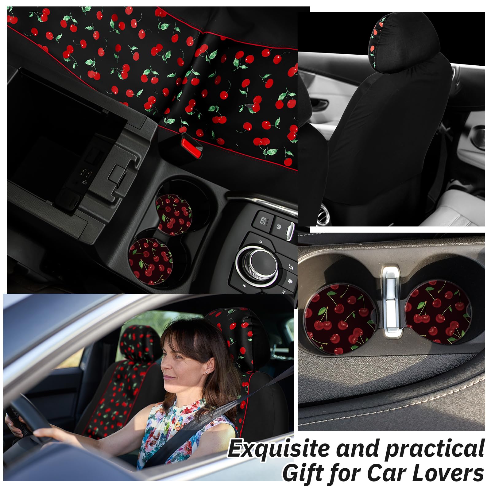 Tallew Lot de 2 housses de siège de voiture rouges cerise pour sièges avant avec housses d'appui-tête assorties - Dessous de verre absorbants avec encoche de doigt - Convient à la plupart des voitures