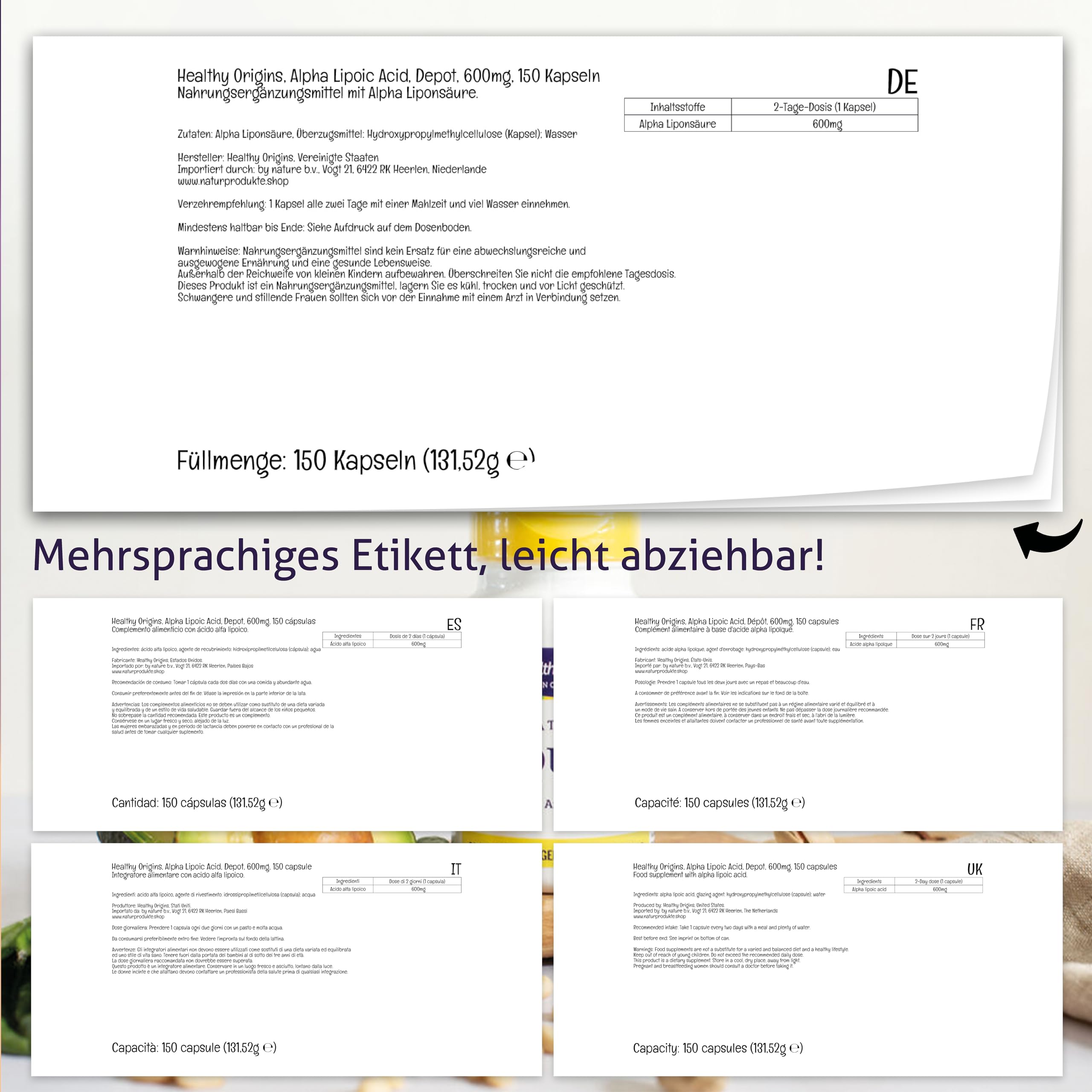 Healthy Origins, Alpha Lipoic Acid, 150 vegane Kapseln, 600mg Alpha-Liponsäure je Dosis, Glutenfrei, Sojafrei, GMO frei, Geschmacksneutral