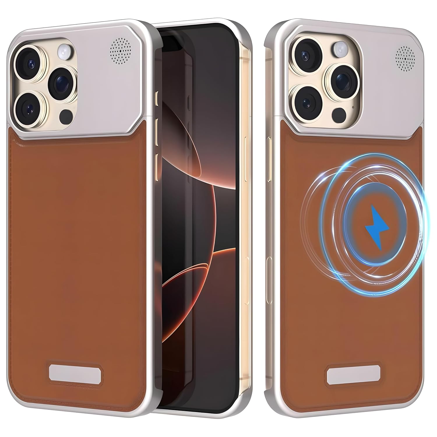 Apple iPhone 16 Pro Luxury Magnetic Leather Aluminum MagSafe Compatible Case with Camera & Drop Protection, Anti-Scratch Slim Slim Cover for 16 Pro (Brown)