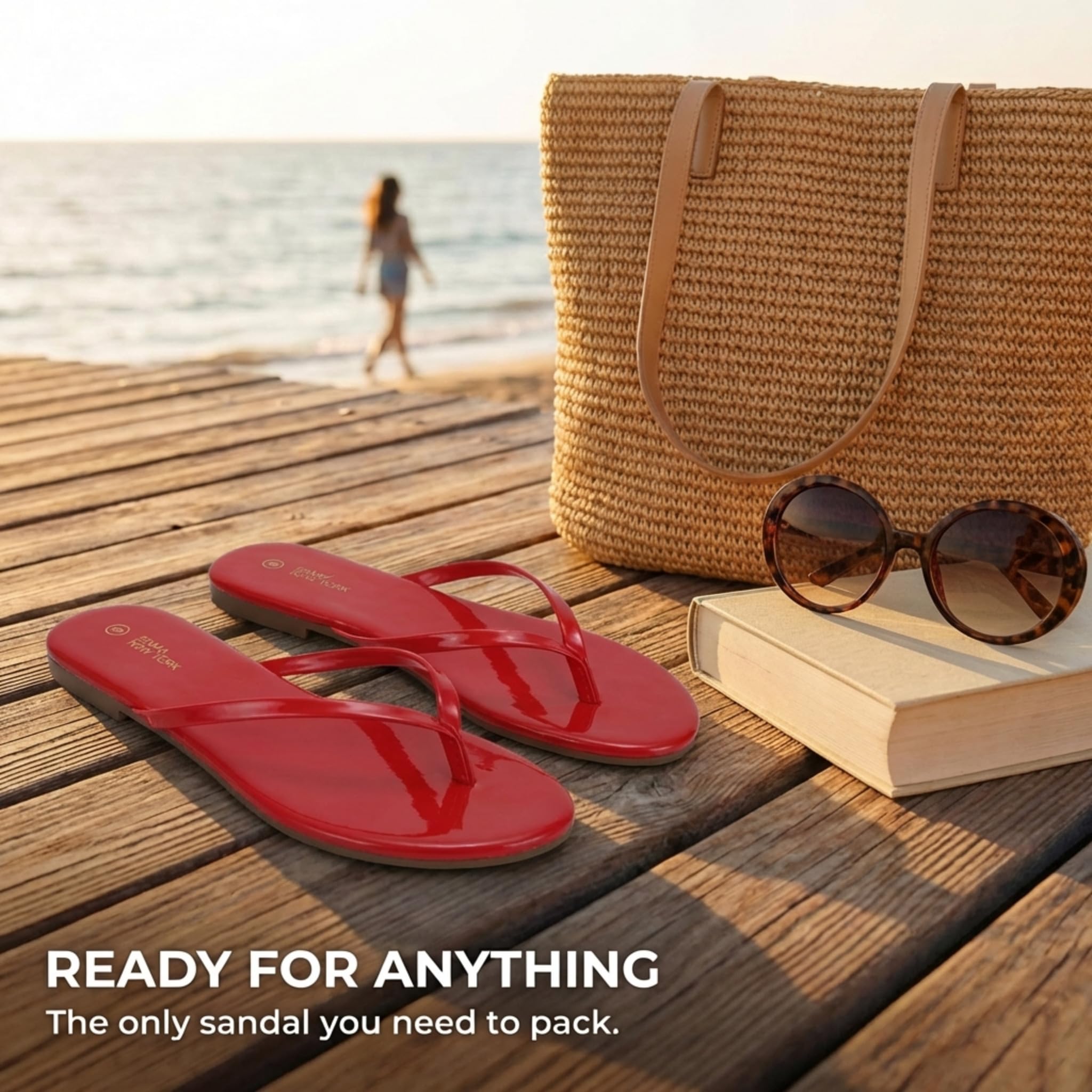 EMMA NEW YORK Flat Sandals for Women, Thong Flip Flops for Women, Cushioned Footbed, Slim Strap (Red Patent, 9)