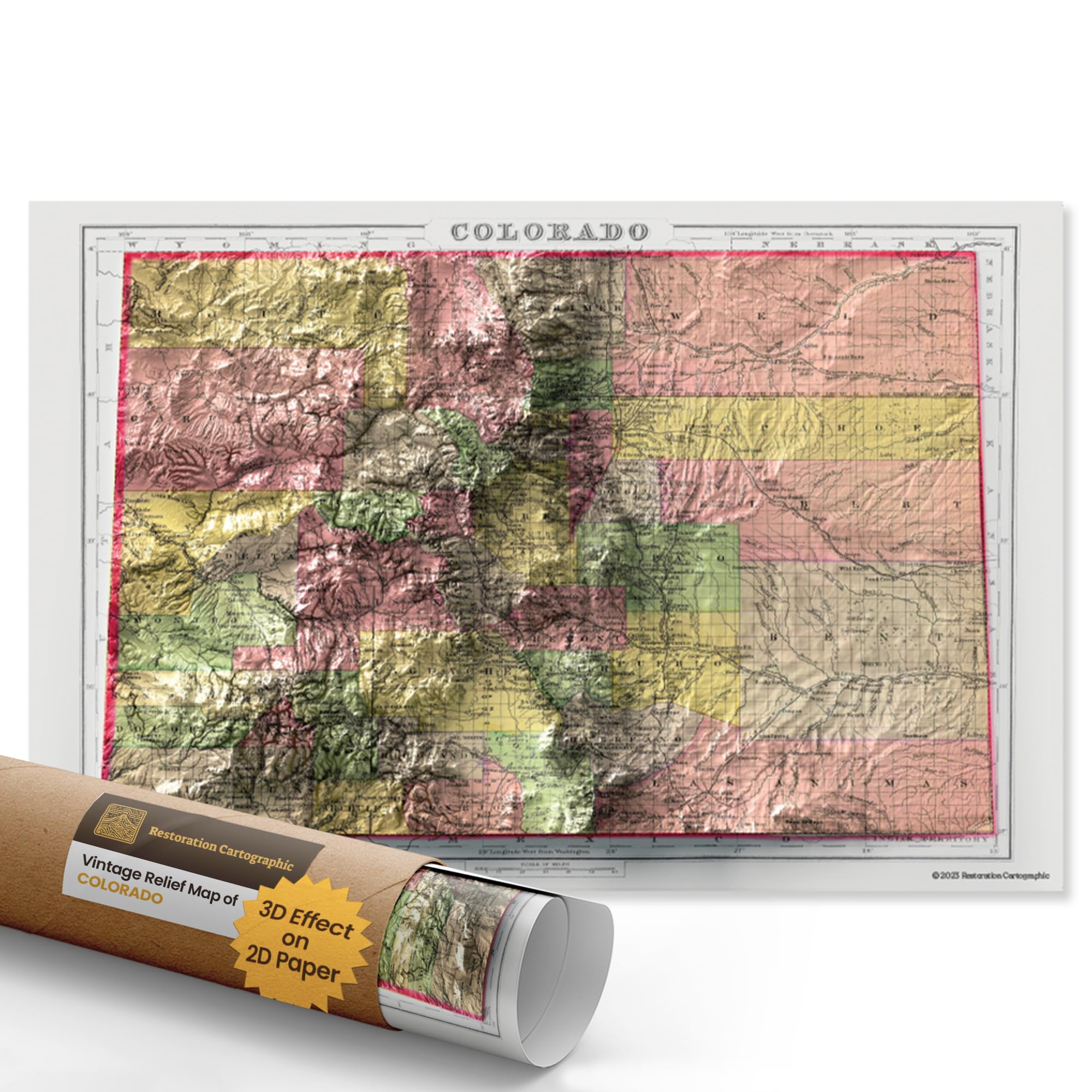 Restoration Cartographic Wall Map of Colorado Vintage Shaded Relief Print, 2D Topographic Wall Art for the Home or Office, American States Maps, 24 x