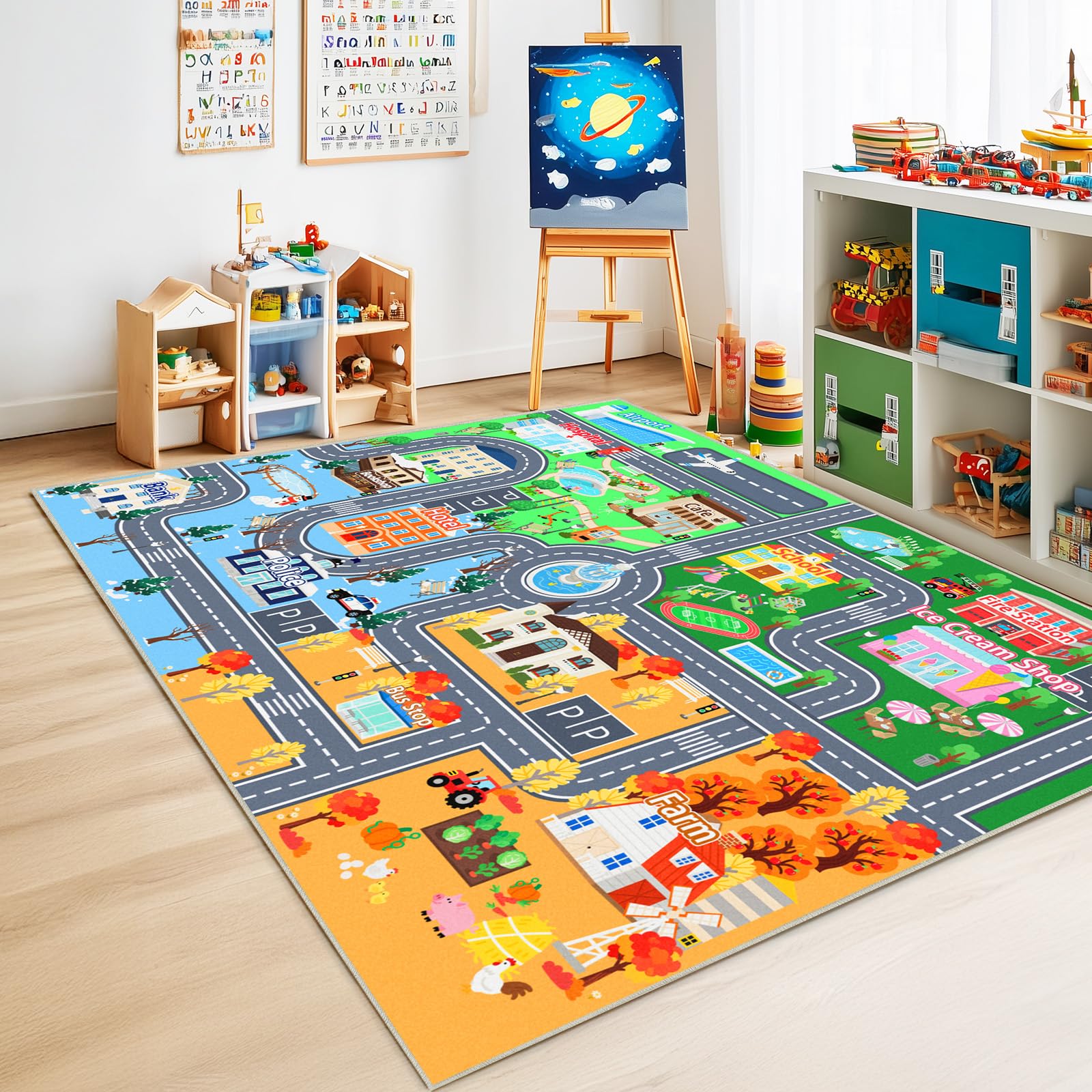 Rezutan Kids Play Mat for Playroom, City Life Road Mat for Toy Cars Washable Kid Rug Soft & Non-Slip Interactive Educational Carpet for Children Area Rug for Bedroom, Nursery, Classroom, 200x230CM
