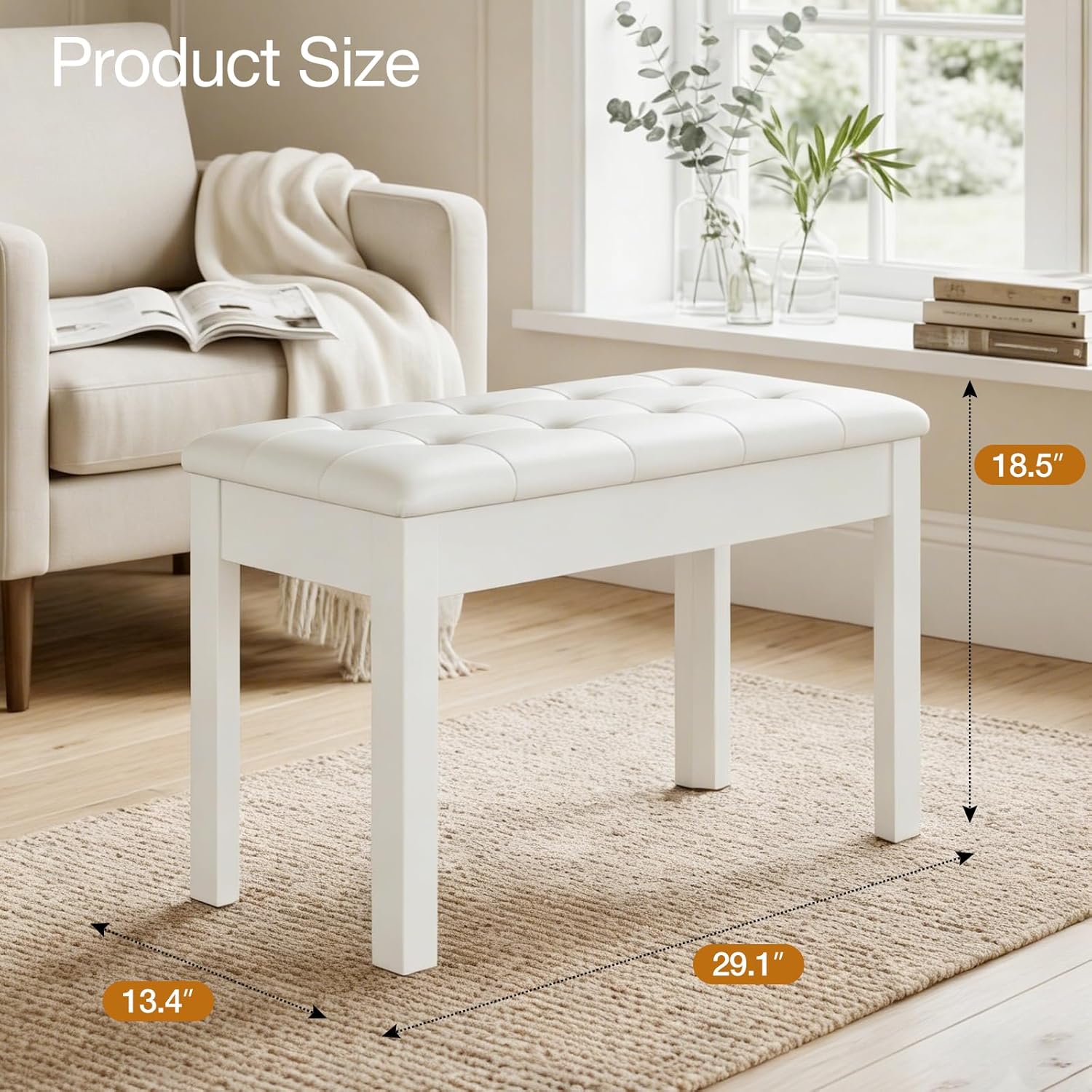 UMOMO Duet Piano Bench with Storage Compartment, Thick Padded Leather Cushion Keyboard 2 Person Stool for Music Books (440LB Capacity) (White)