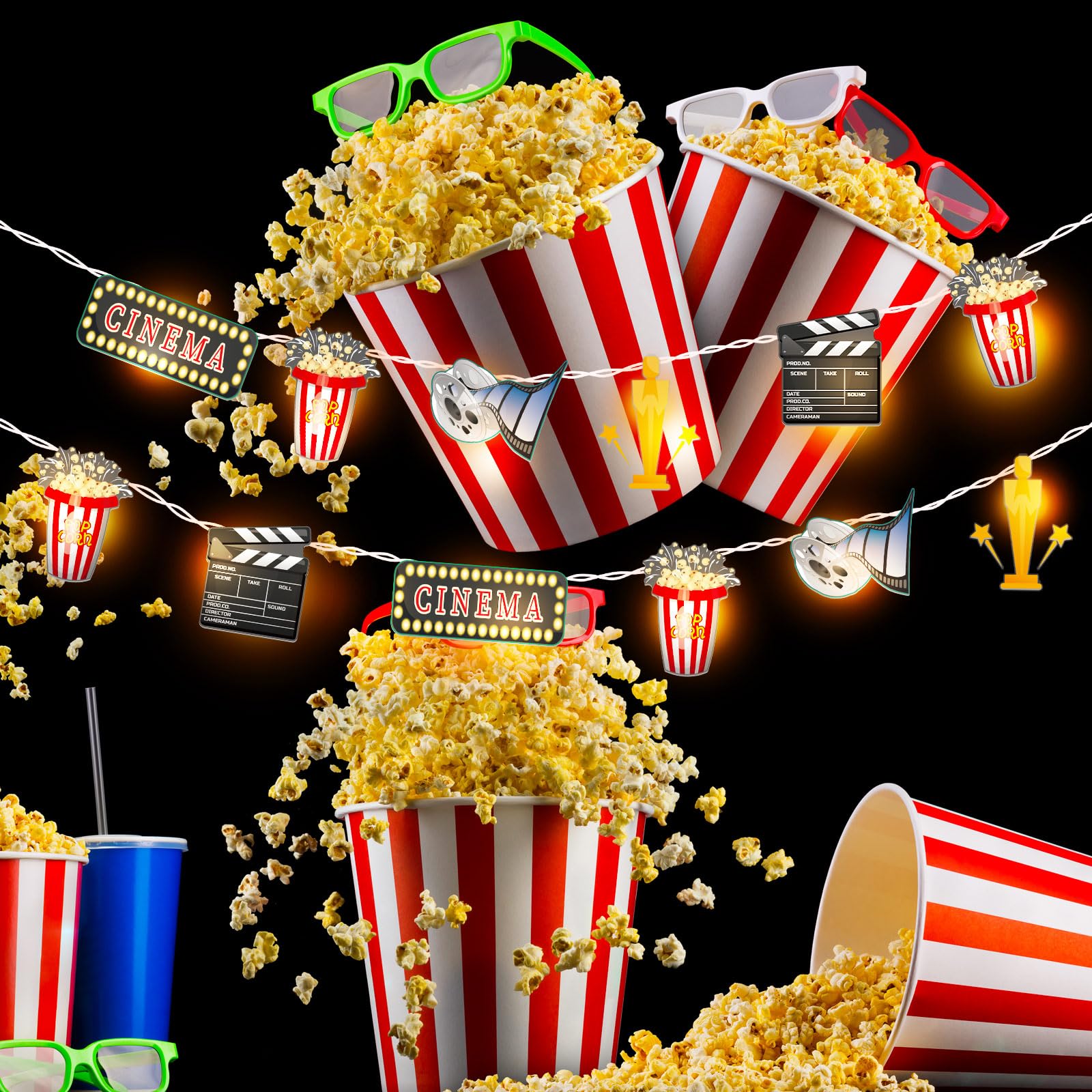 VIHOSE Guirnalda de luces con temática de película, 20 luces LED de 10 pies, funciona con pilas, suministros de fiesta temática de cine para el hogar, suministros de fiesta de cine