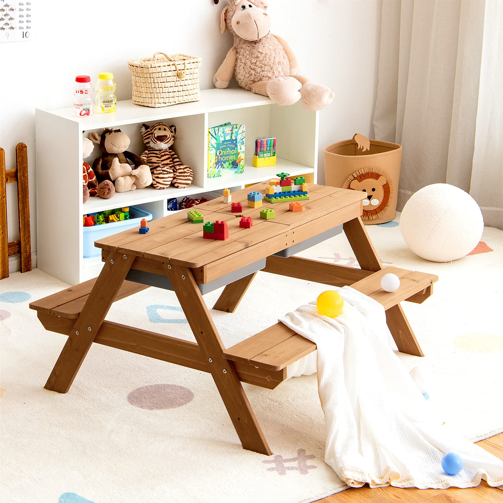 RELAX4LIFE 3 in 1 Set Tavolo e Sedie da Giardino per Bambini, Tavolo da Picnic con Ombrellone e 2 Vaschette, Tavolino e Panche da Esterno per Giardino Terrazzo e Balcone (Modello 8)