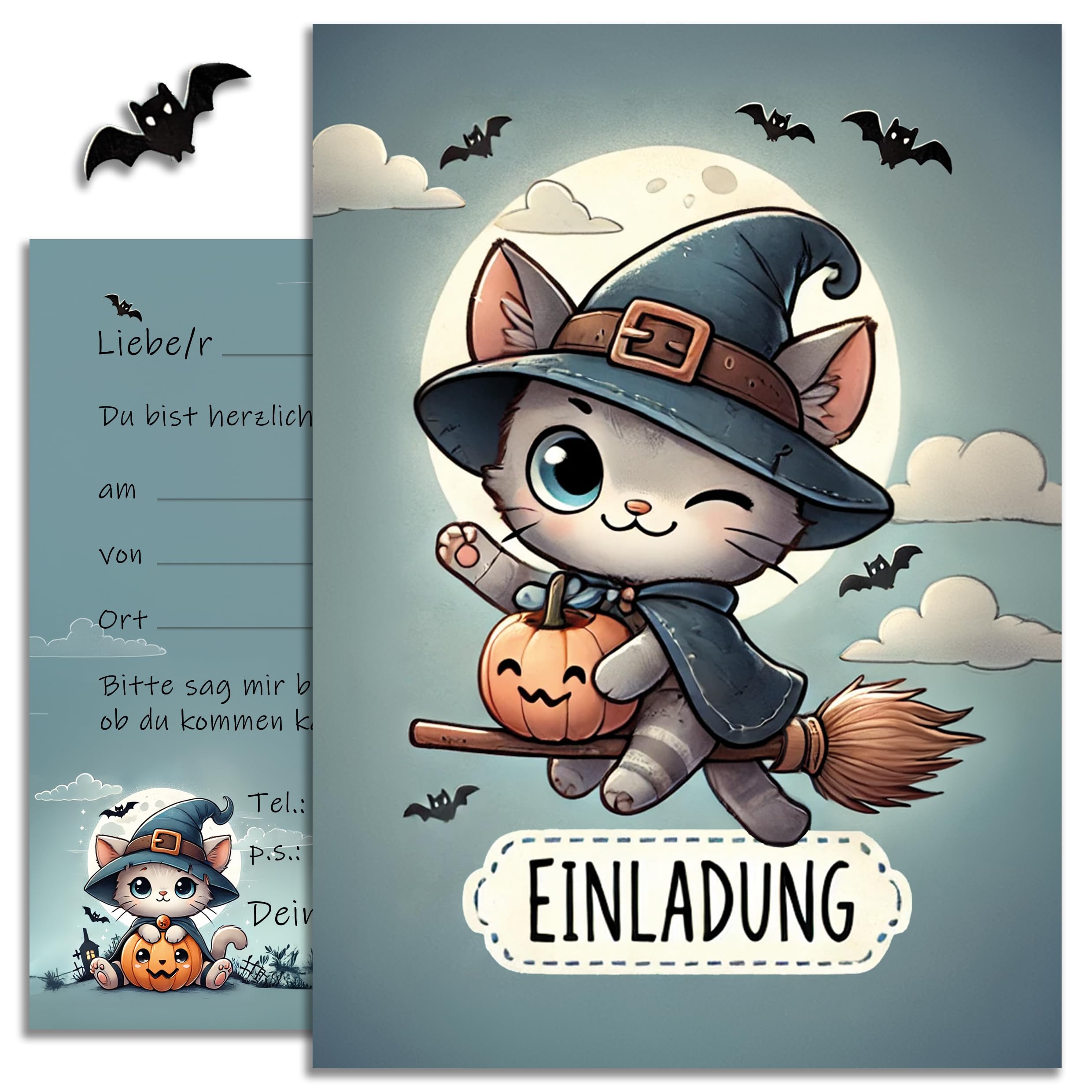 10 Halloween Cards Invitation Cards Magical Witch Cat Invitation Card Cat for Boys Girls Children Party Motif Halloween Party Scary Party Cute Cats Witch Set