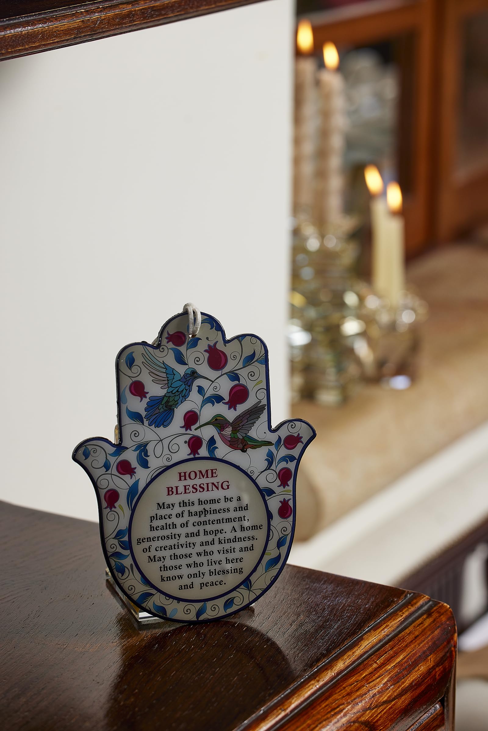 MASORET Zestaw: Epoksydowa Hamsa angielskie błogosławieństwo domowe 19 cm 15 cm - motyw czerwonych granatów