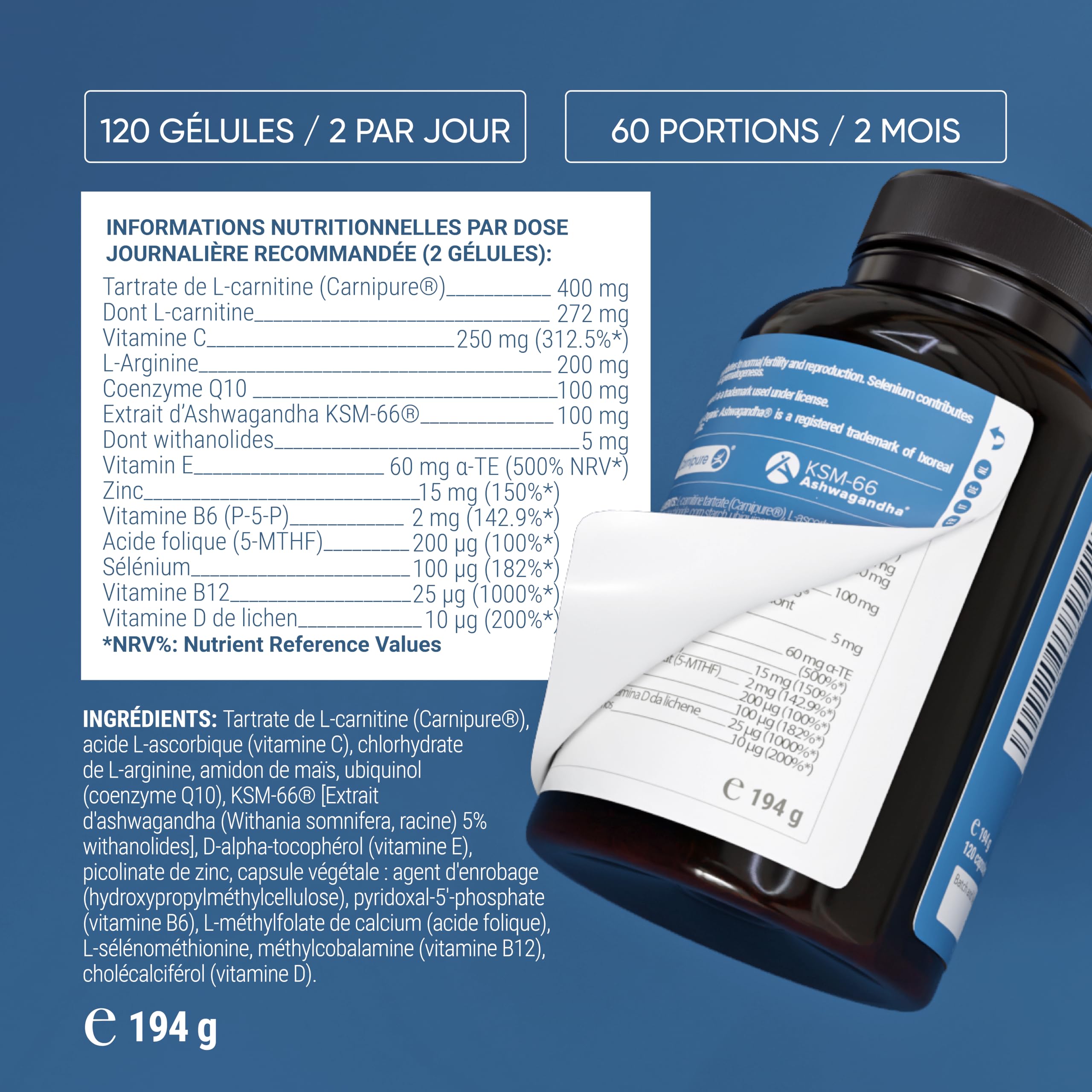 Formule Fertilité Homme | Nullure | 120 gélules (2 mois) | Testé par tiers | Nombre & Motilité des Spermatozoïdes | L-carnitine + CoQ10 + L-arginine + Zinc | Sans additifs & Vegan | Fabriqué dans l'UE