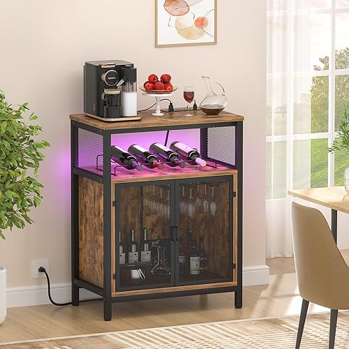 Miniatura 5 de Unikito Armario de bar de vinos con toma de corriente y luz LED, mini barra de café para el hogar con soporte para vidrio, gabinete de licor con