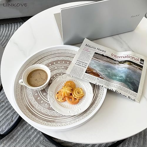 Miniatura 5 de Bandeja decorativa bohemia de 13 pulgadas para decoración del hogar, bandeja redonda de madera para mesa de café, bandeja otomana blanca lavada para