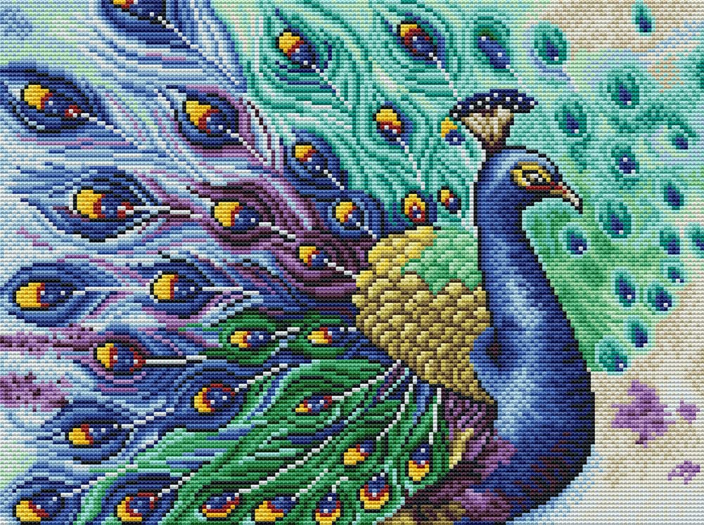 AwesocraftsCross Stitch Stamped Kits Blue Peacock Easy Patterns Cross Stitching Embroidery Needlework Kit Supplies (Peacock)