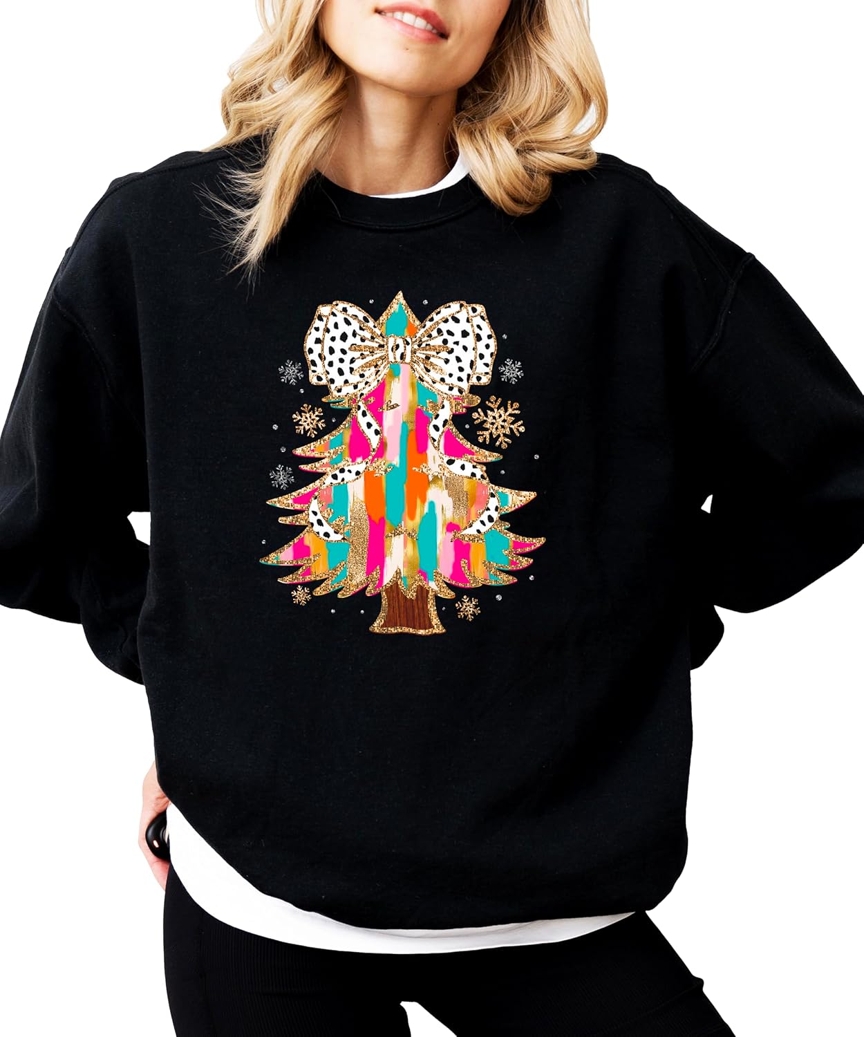 Olive Loves Apple Colorful Christmas Tree with Dalmatian Print Bow Topper Sweatshirt for Women Teens and Girls