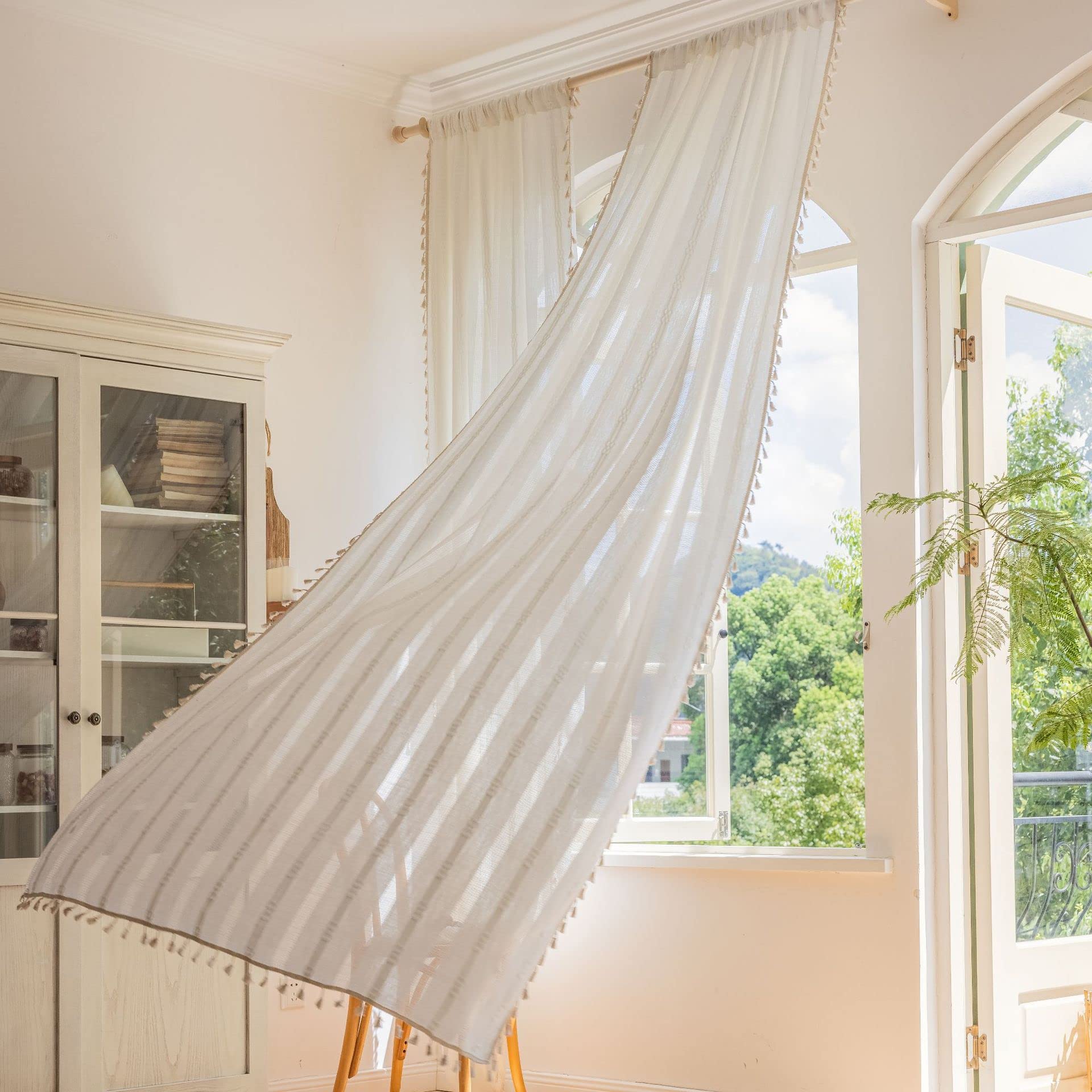 Plancholo White Boho Curtain 63 Inches Length 1 Panel Embroidered Striped Farmhouse Cotton Linen Semi Blackout Curtain With Tassels Rod Pocket Drape For Bedroom & Living Room (55" W X 63" L)