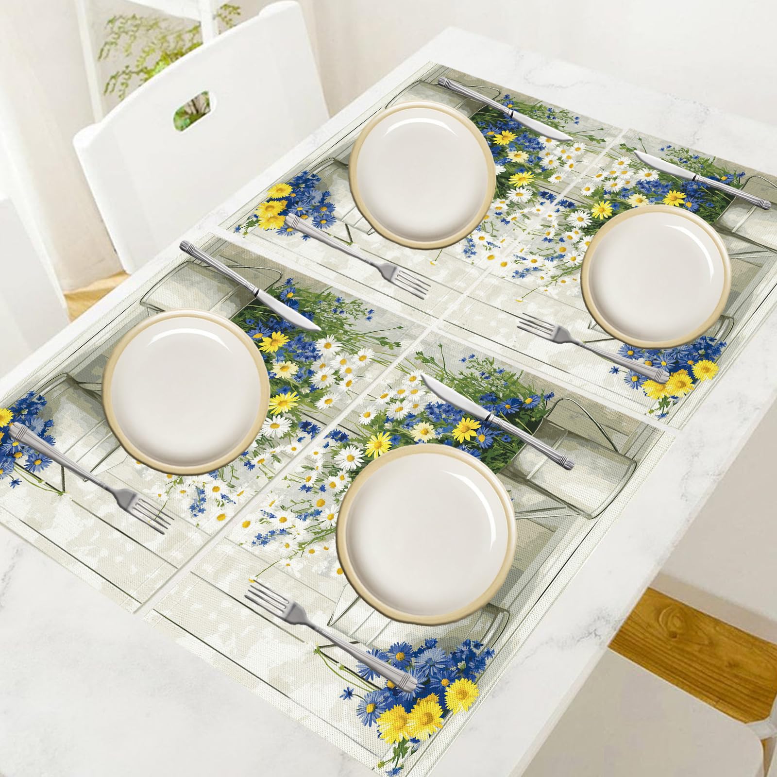 30×45cm Tovaglietta Americana Retrò in Cotone Lino Rettangolare - Tovagliette Set di 8 Vaso di margherite Resistente al Calore per La Cucina, Il L'Ufficio