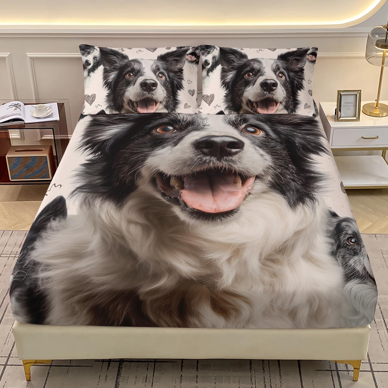 AILONEN Happy Dog Print Fitted Sheet Set Queen Size,Cute Border Collie Bedding Set for Dog Lovers,3-Piece Heart Pattern Bed Sheet with 2 Pillowcases