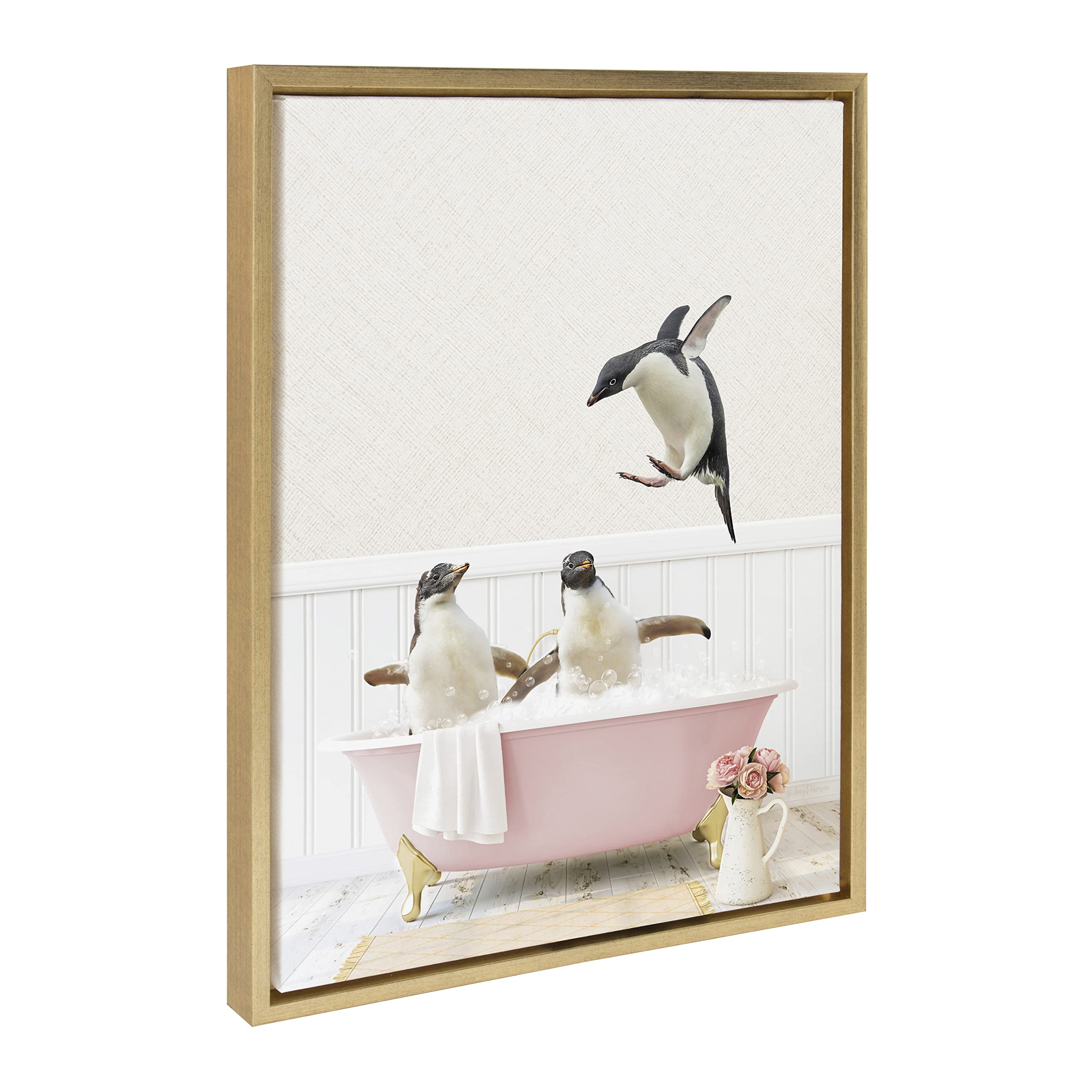 Kate and Laurel Sylvie Penguins Playing in Cottage Rose Bath Framed Canvas Wall Art by Amy Peterson Art Studio; 18x24 Gold; Modern Fun Decorative