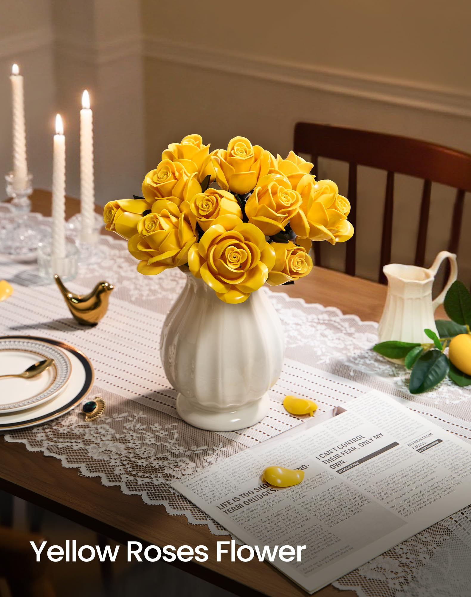 iATOM Burgundy Red Rose Bouquet Building Set, 12Pcs Flower Botanical Collection Kit for Adult, for Her/Girlfriend/Mom/Wife/Couple, Vintage Home Office Table Centerpiece Decor: Yellow Rose Bouquet