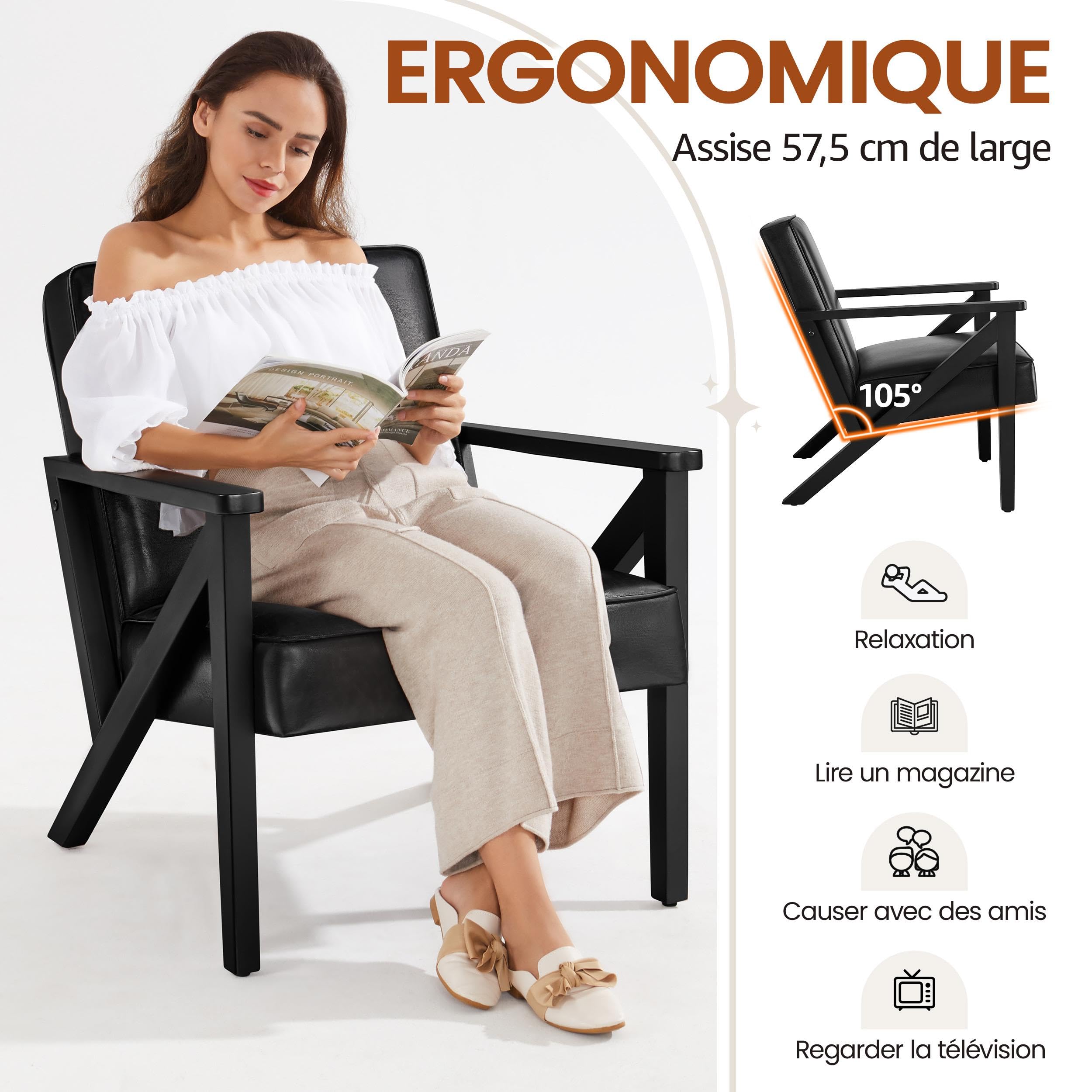 Yaheetech Fauteuil de Salon en Similicuir Fauteuil d’appoint avec Cadre en Bois Pieds et Accoudoirs en Forme de Z Siège de Bureau Chambre Réception Noir
