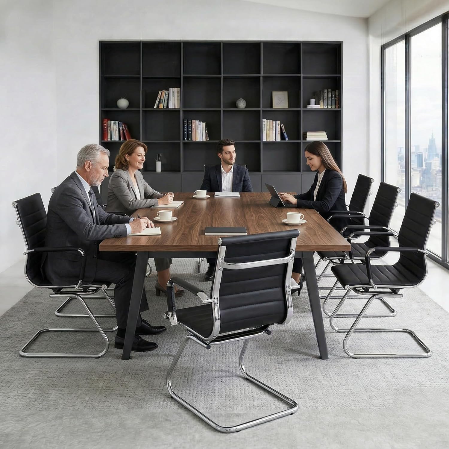 Wahson Office Guest Chairs Set of 2, Leather Reception Chairs, Mid Back Waiting Room Chair, Conference Chairs with Sled Base, Desk Chair No Wheels for Meeting/Lobby/Restroom, Black