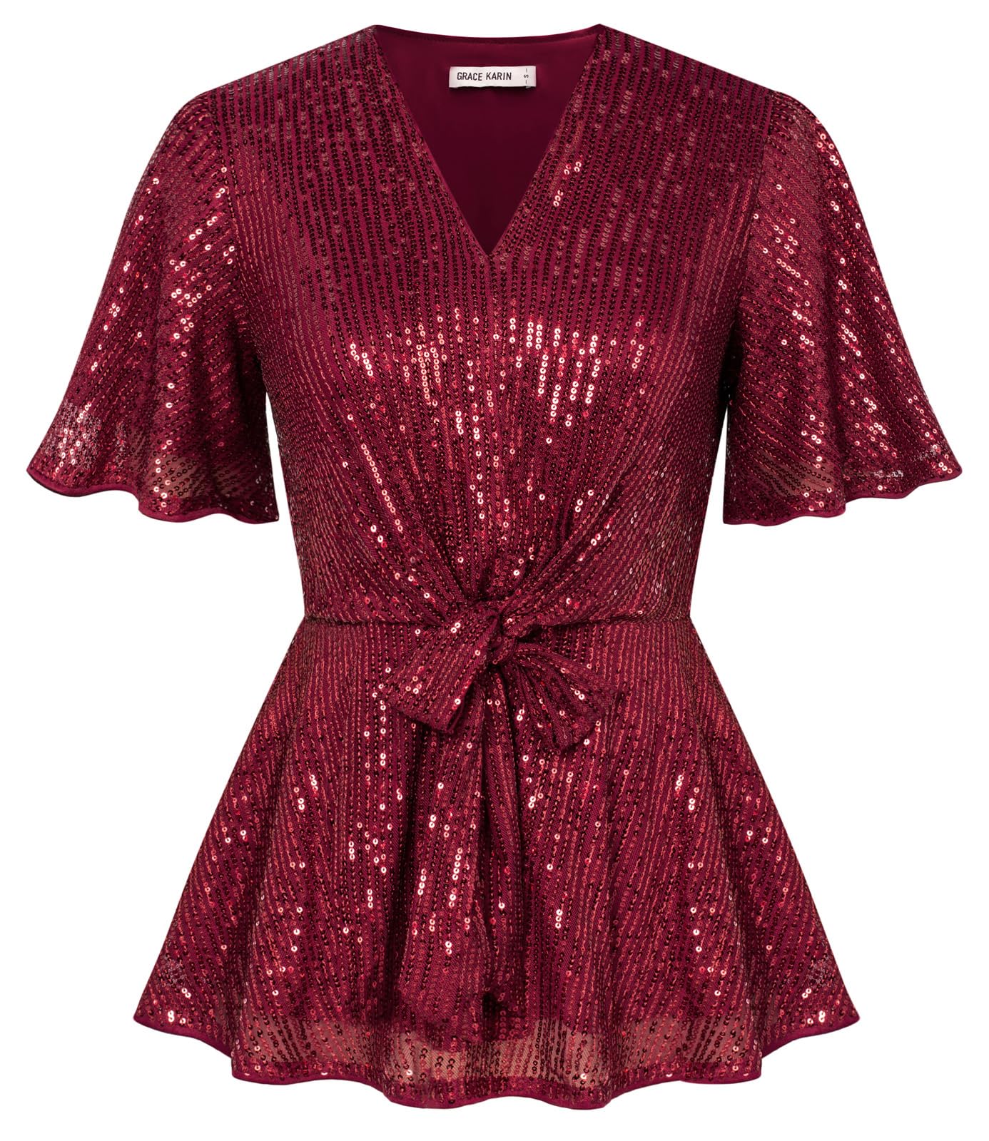 GRACE KARIN Blusa elegante con lentejuelas brillantes para mujer, manga corta acampanada, cuello en V, lazo frontal, peplum con lentejuelas