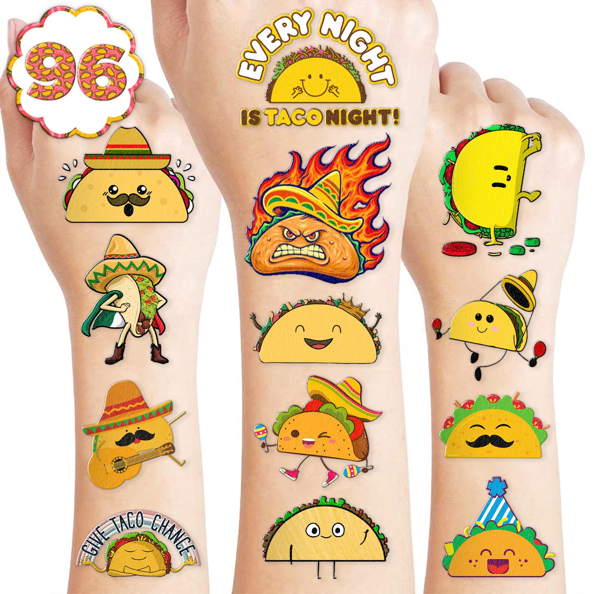 96 PCS Taco Bout Love Birthday Party Decorations Favors Supplies Pre-Cut Temporary Tattoos Decor Mexican Fiesta Taco Twosday Tuesday Stickers For Boys Girls Gift School Prizes Rewards