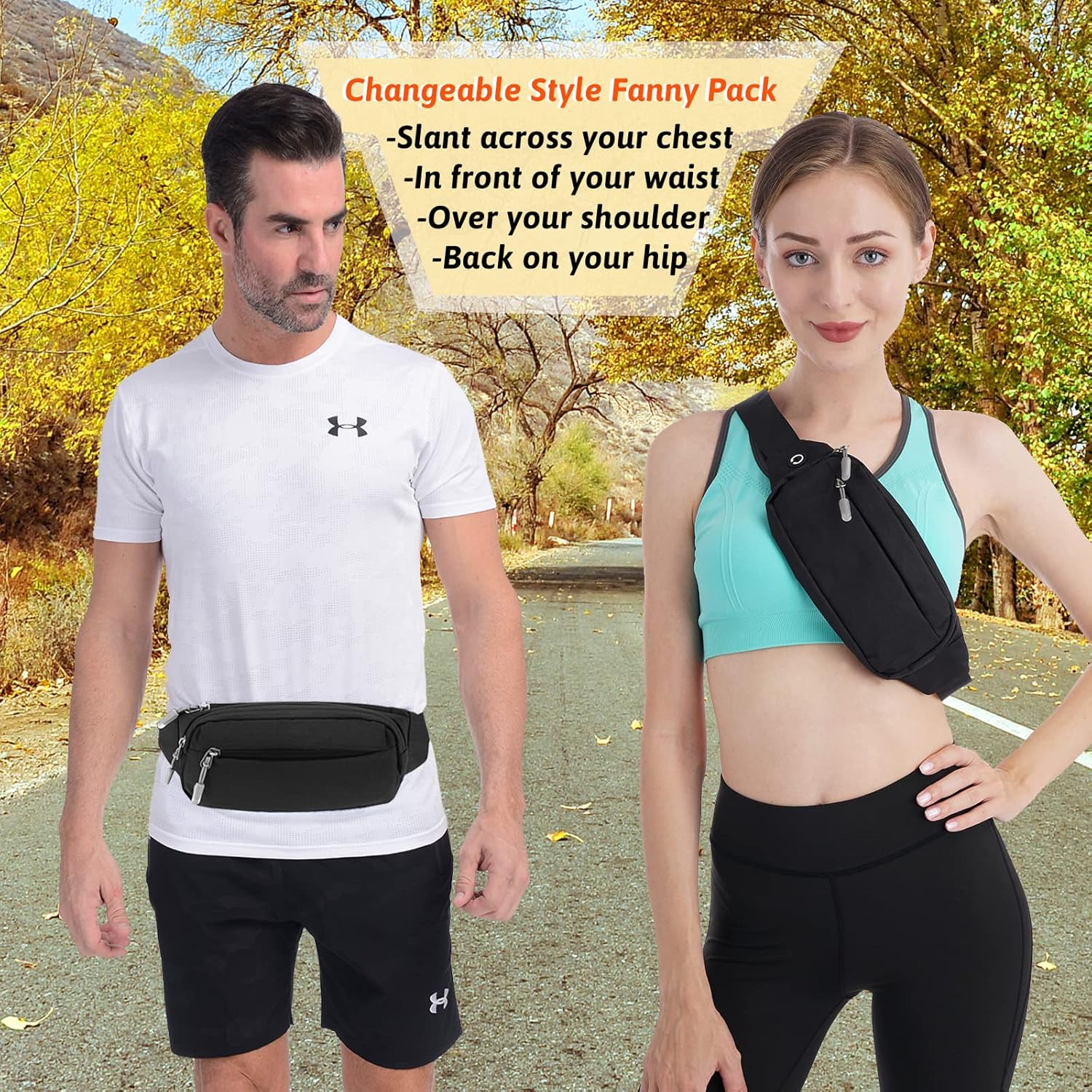 USHAKE Fanny Pack Waist Packs with Extender for Men Women, Waist Pouch Bag Hip Pack with 3-Zipper Pockets Adjustable Straps for Casual Travel Hiking Running Outdoor Sports - Image 2