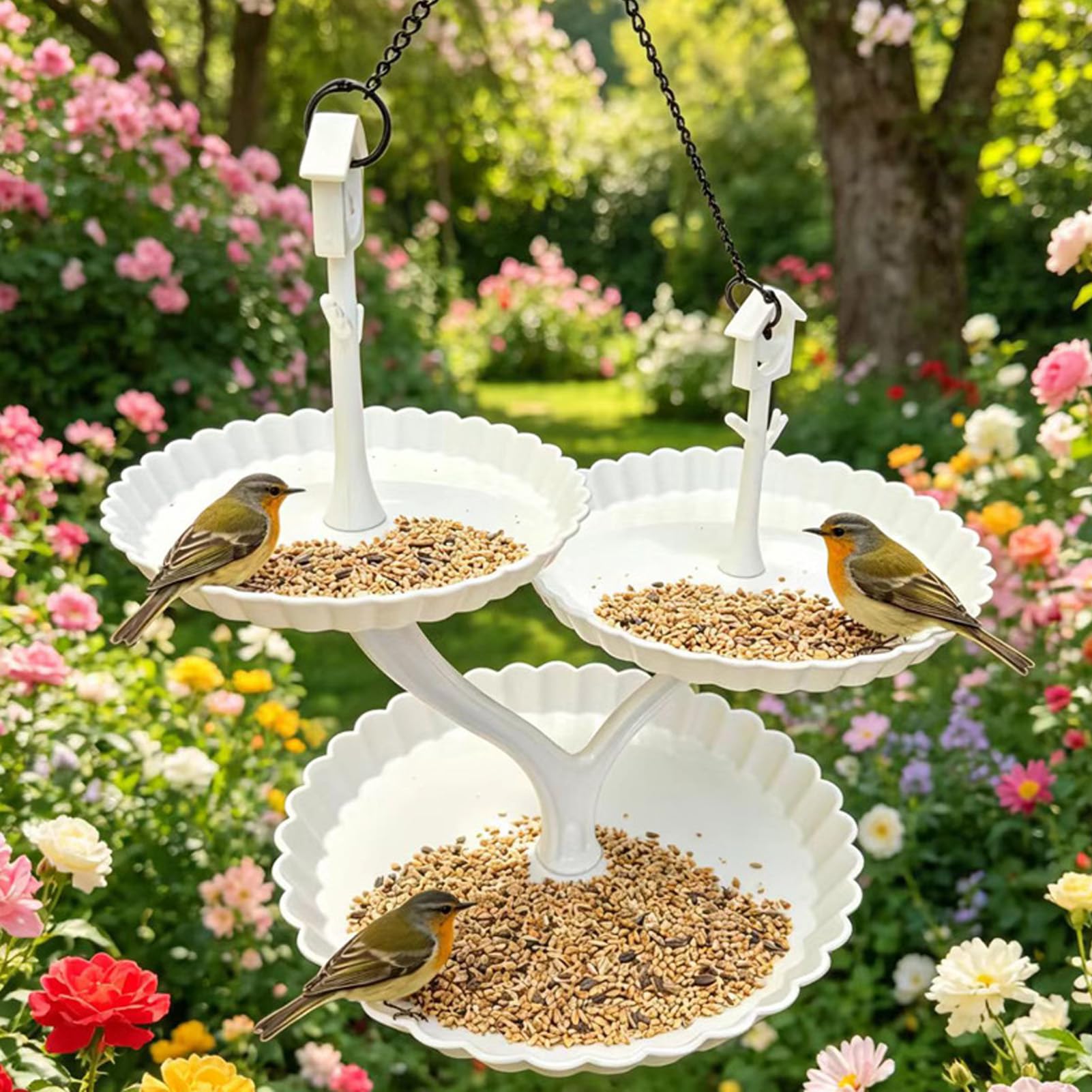 SIXRUN Mangiatoia per Uccelli Sospesa, Mangiatoia per Uccelli in Plastica a 3 Livelli con 3 Ciotole Rivestite Bianche e Catena in Metallo per Appendere, Vassoi da 20 Cm 15 Cm 25 per Giardino Esterno