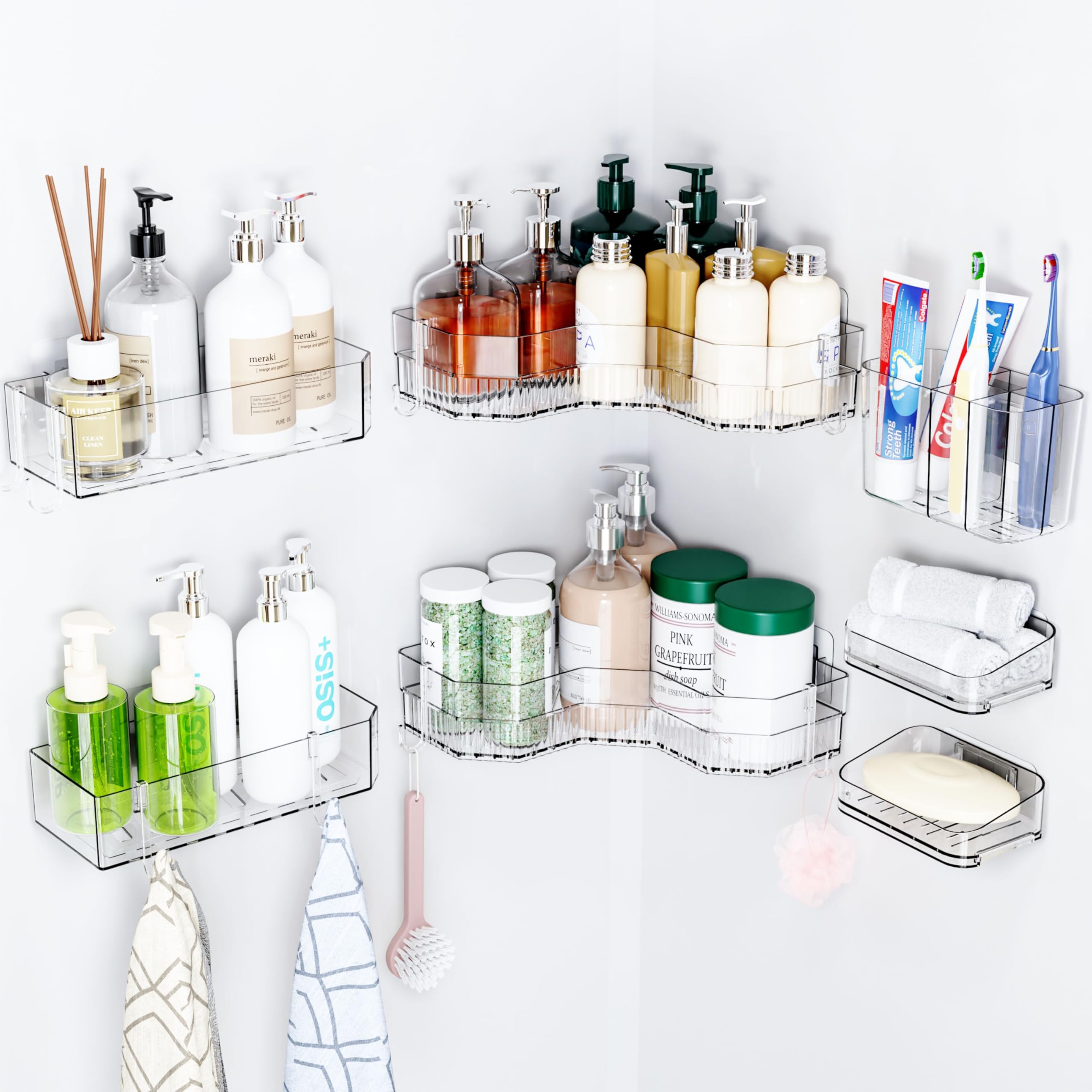 SuoXing 7 Pack Adhesive Corner Shower Caddies 100 Rustproof Acrylic Shower Shelves for Inside Shower Large Capacity Plastic