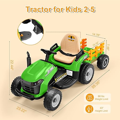 Miniatura 6 de Tractor de paseo de 12 V 7 AH con remolque inclinable y control remoto, motores de 2 x 45 W, Bluetooth, música, palanca de cambios, automóvil