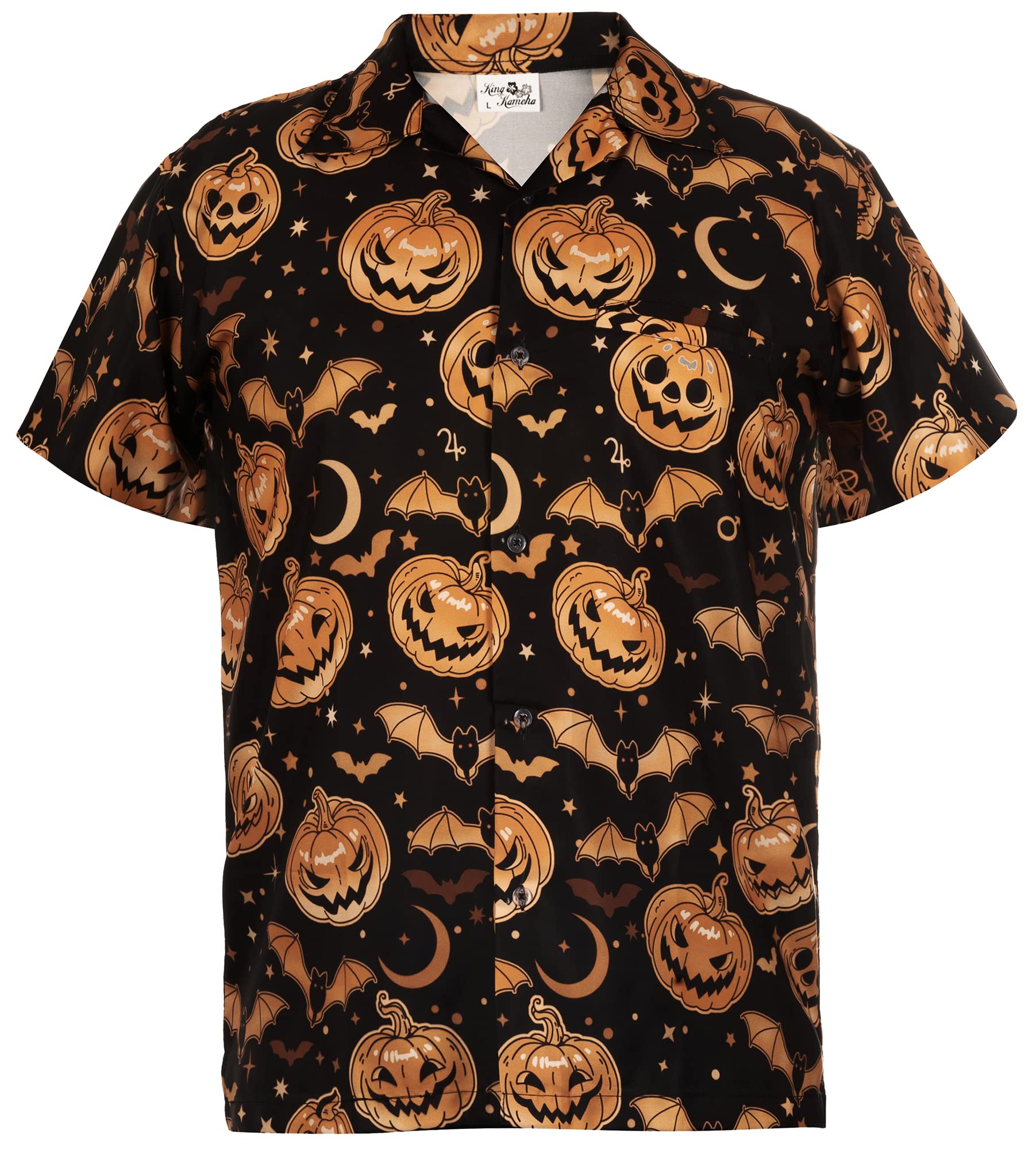 King Kameha Camisa hawaiana de manga corta con botones para hombre, unisex, para Halloween, calabaza, terror