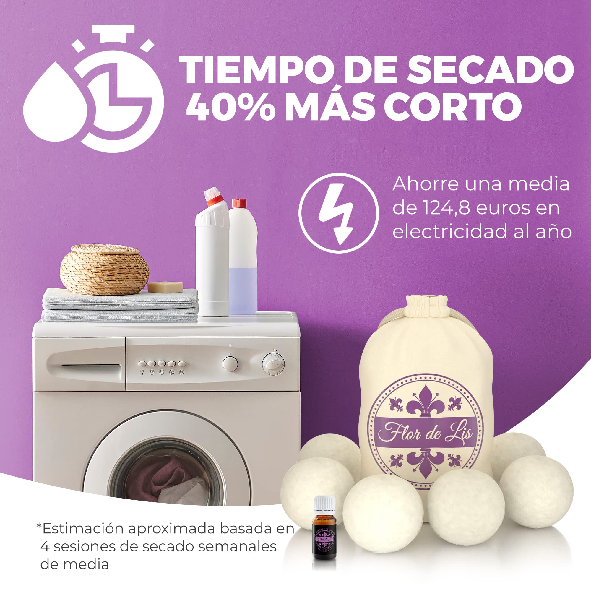 6 Bolas Secadora de Lana de Oveja Ecologica con Aceite Esencial de Lavanda - Suavizante Natural para Ropa - Lana de Nueva Zelanda