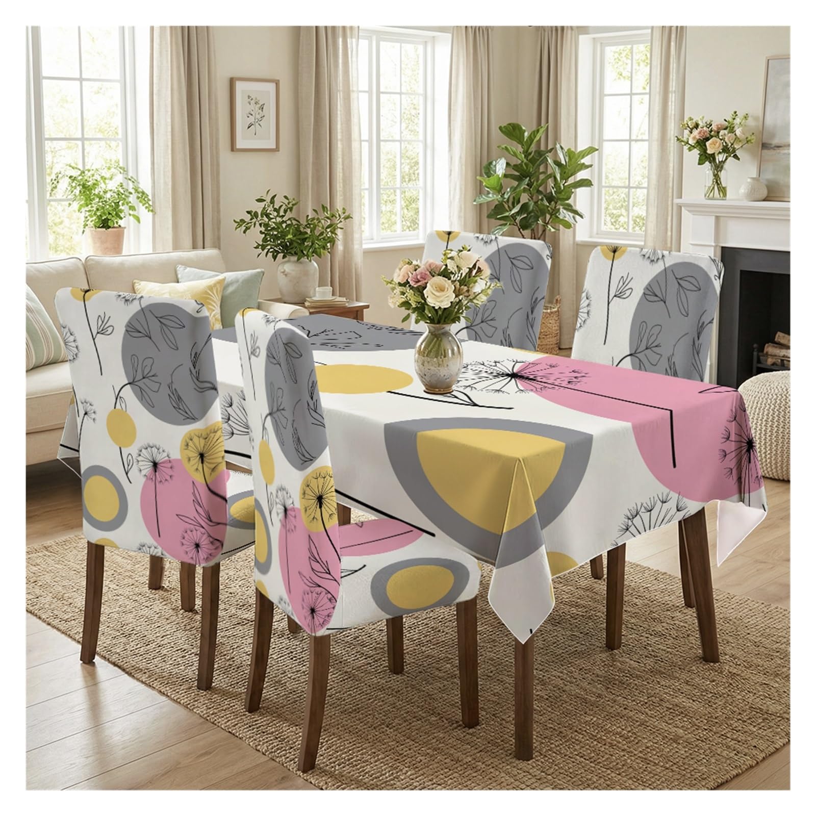 BOSUYBN Dandelion Geometric Line Printed Dining Tablecloth & Chair Covers Set, 5/7 Piece Mid Century Modern Minimalist Home Decor Table Setting(5pcs Set: Tablecloth+Chair Covers)