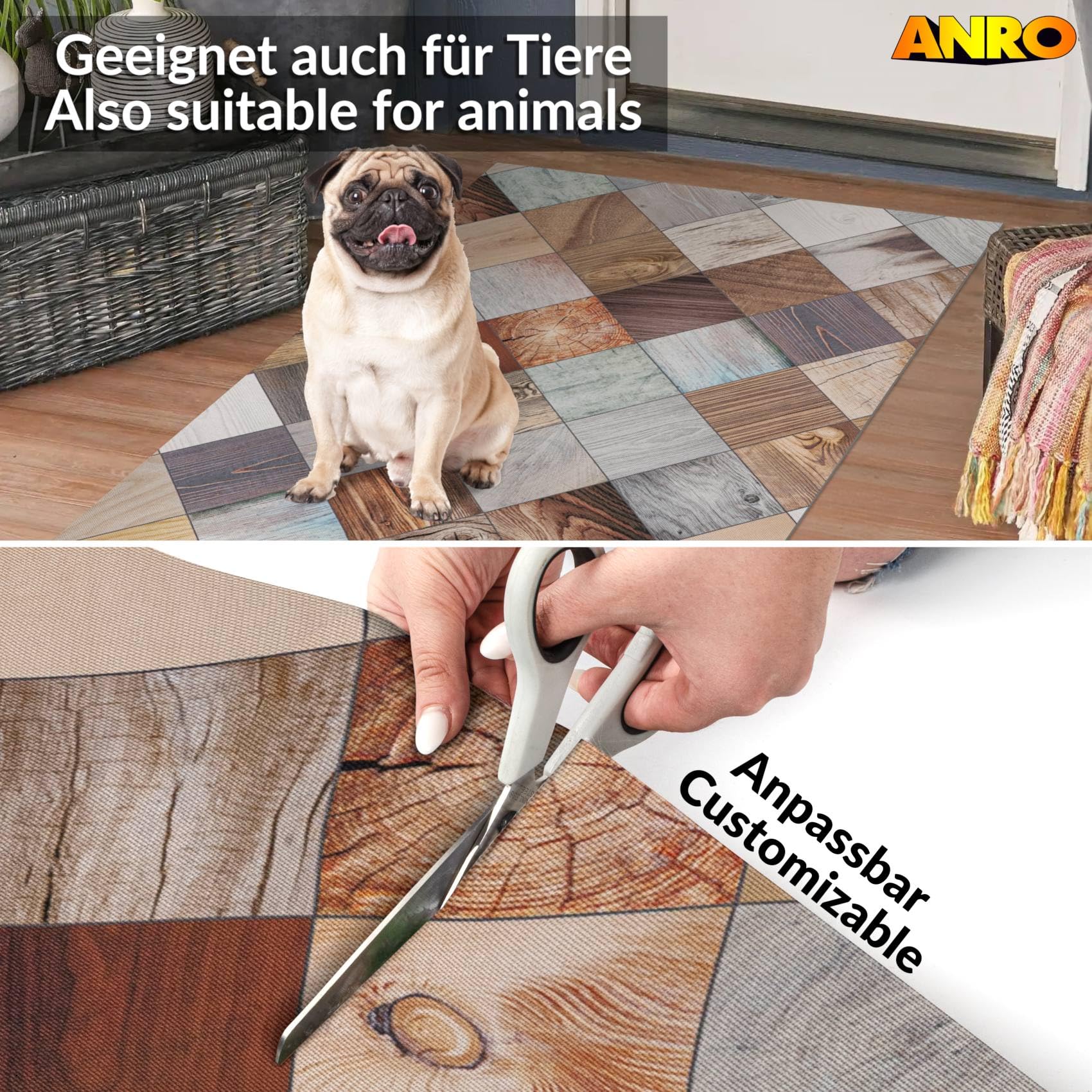 ANRO Küchenläufer Teppichläufer abwaschbar Läufer Flur rutschfest pflegeleicht Holz Patchwork 240 x 52 cm