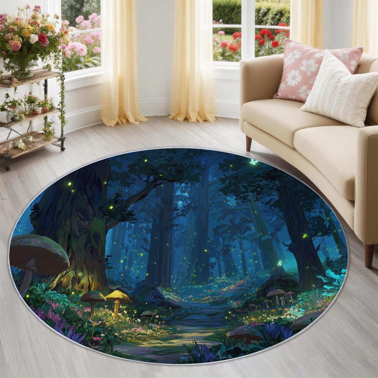 Tapis enfant antidérapant et facile à laver moquette ronde forêt magique