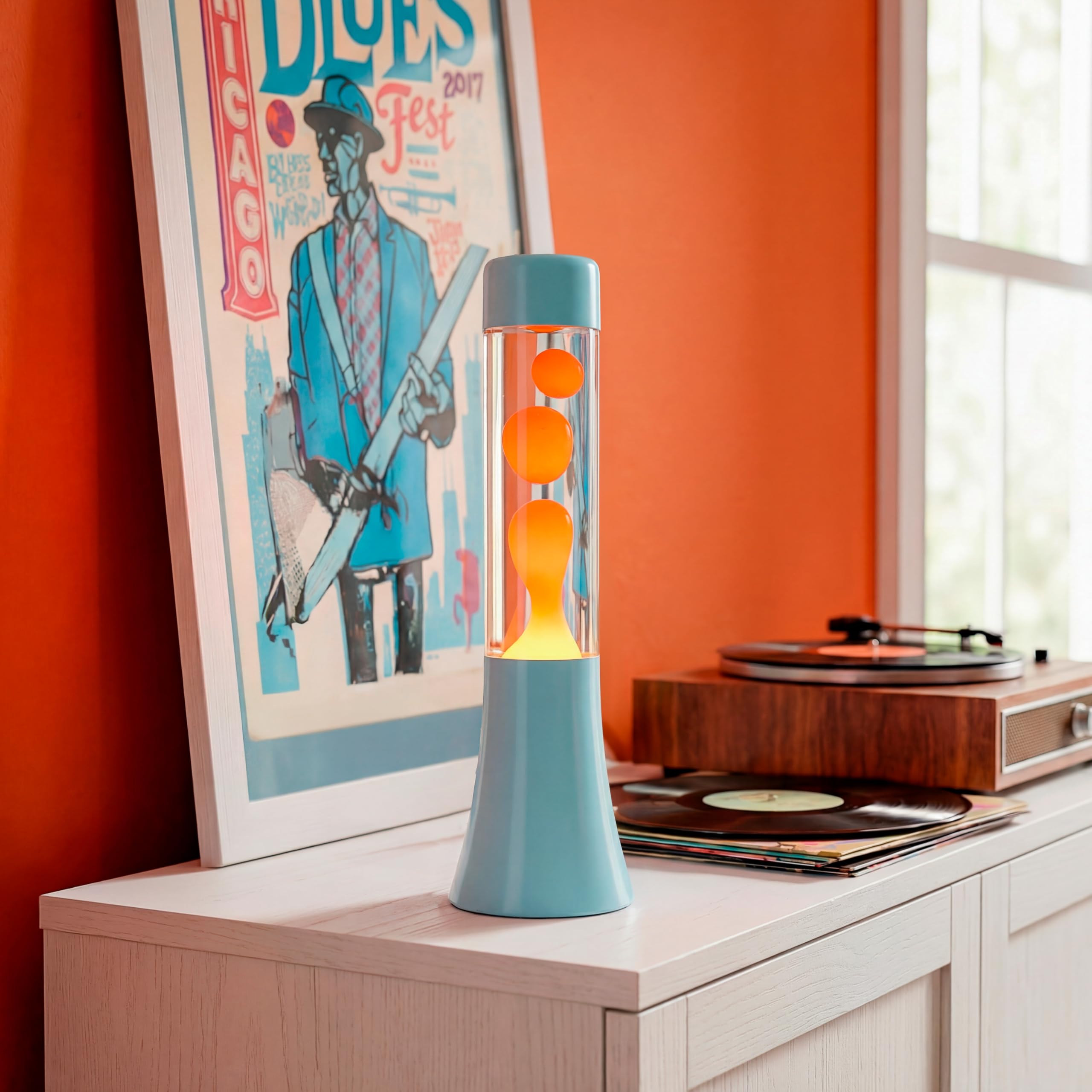 Fisura - Lámpara de lava azul y naranja de 30 cm. Lámpara decorativa relajante. Diseño original para hogar. Regalo original retro. Base azul y líquido naranja. 9x9x30 centímetros.