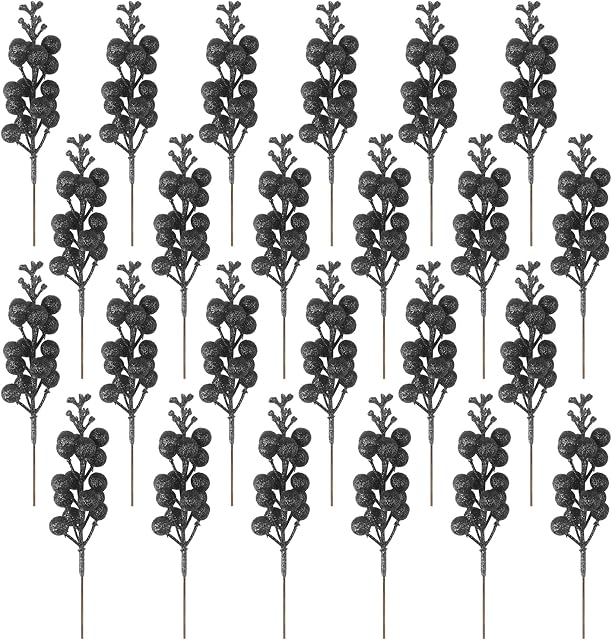 24 Pack Glitter Black Berry Stems, 19 CM Artificial Burgundy Red Berry Picks Holly Red Berries Branches Christmas Berry Stems for Christmas Tree Garland Wreath Crafts Wedding Winter Home Decoration