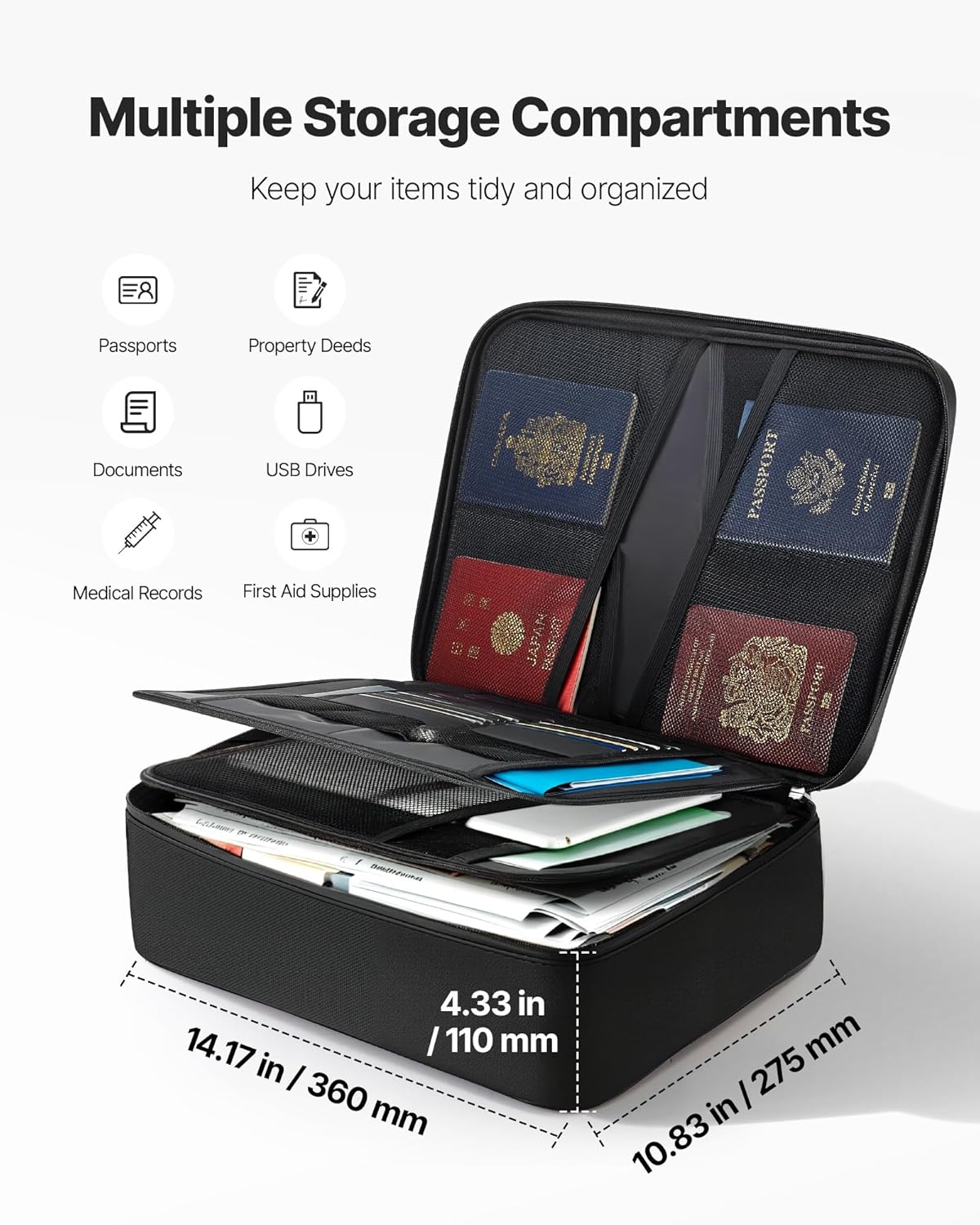 VEVOR Fireproof Document Box, 1832 ℉ Heat Insulated Fireproof & Waterproof Box with Lock, Portable Multi-Layer Home Office Travel File Storage Organizer, for Passports, Important Documents, Files