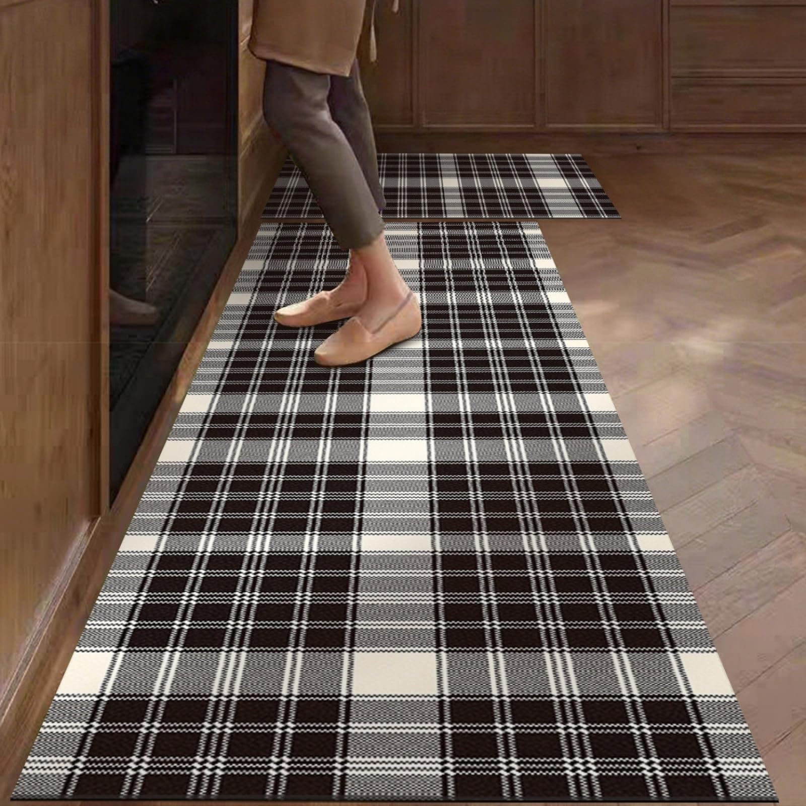 Tappeto Cucina 40X60Cm+40X120Cm Nero Bianco Tappeto Cucina Antiscivolo Lavabile Set Di 2 Pezzi,Tappetino Multiuso In Pelle,Comodità E Resistente,Per Ingresso,Camera,Bagno