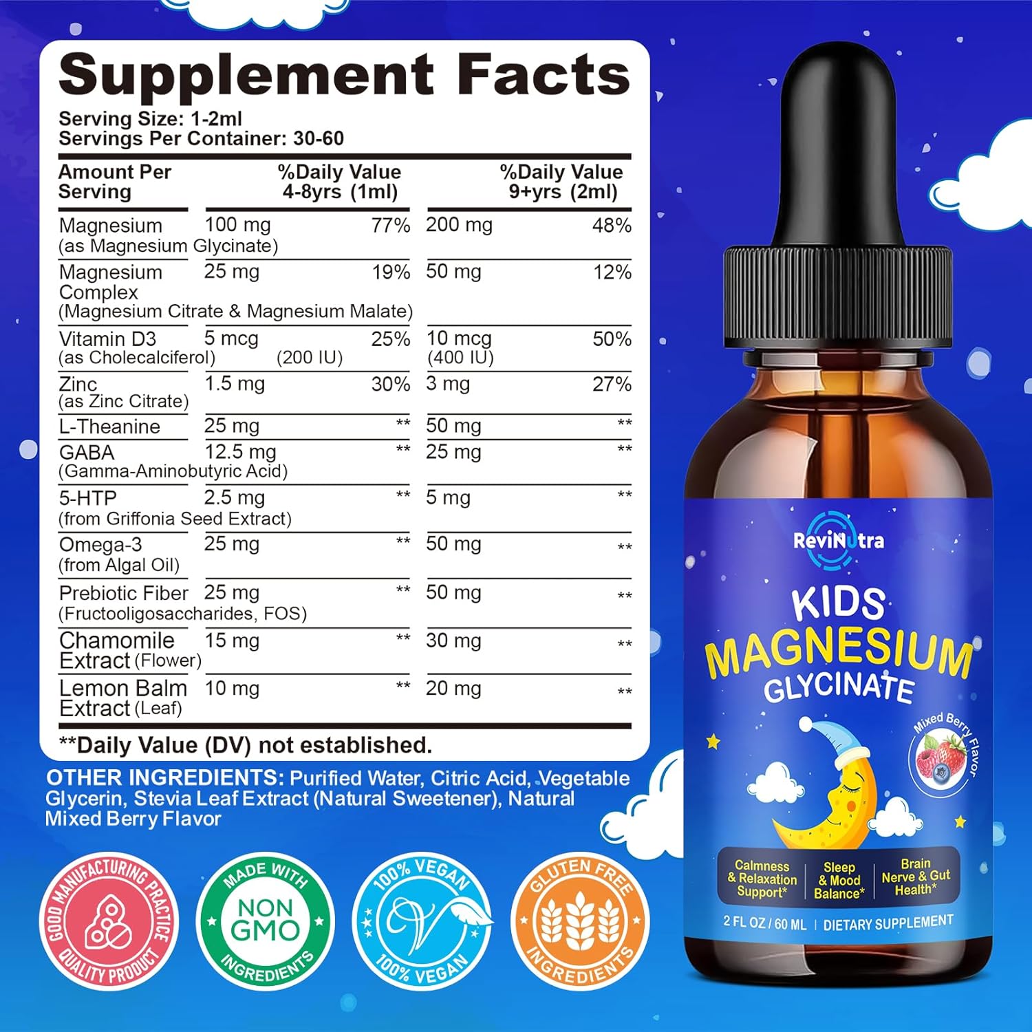 2 Pack Magnesium Glycinate Liquid for Kids - Citrate, Malate with Omega-3, L-Theanine, GABA, Chamomile, 5-HTP, D3, Zinc, Kids Magnesium Drops for Sleep, Calm, Relaxation, Mixed Berry Flavor, 4 Fl Oz