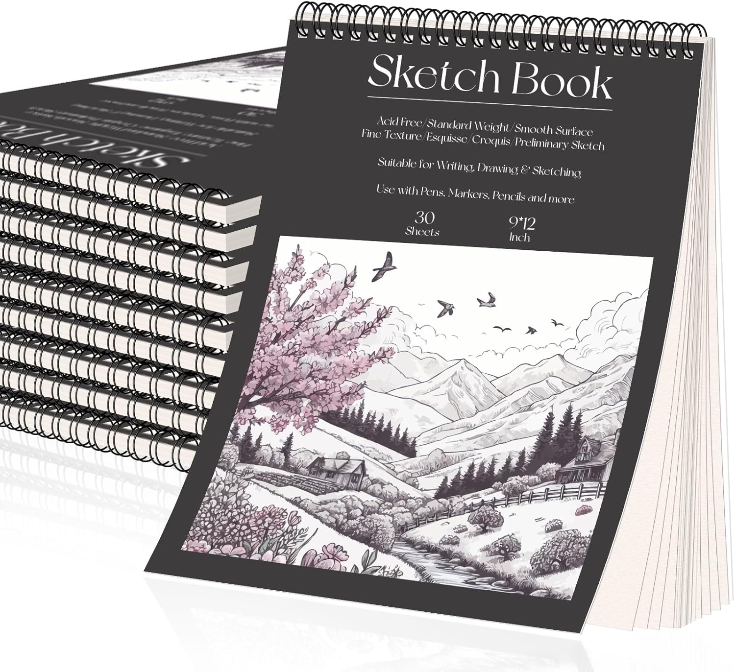 OSIMIG 10 Pack Sketch Books 9" x 12", Top Spiral Bound Sketch Pad Bulk, 300 Sheet Total (68lb/100gsm), Drawing Paper Pad, Sketchbook for Drawing, Art Supplies for Kids & Adults