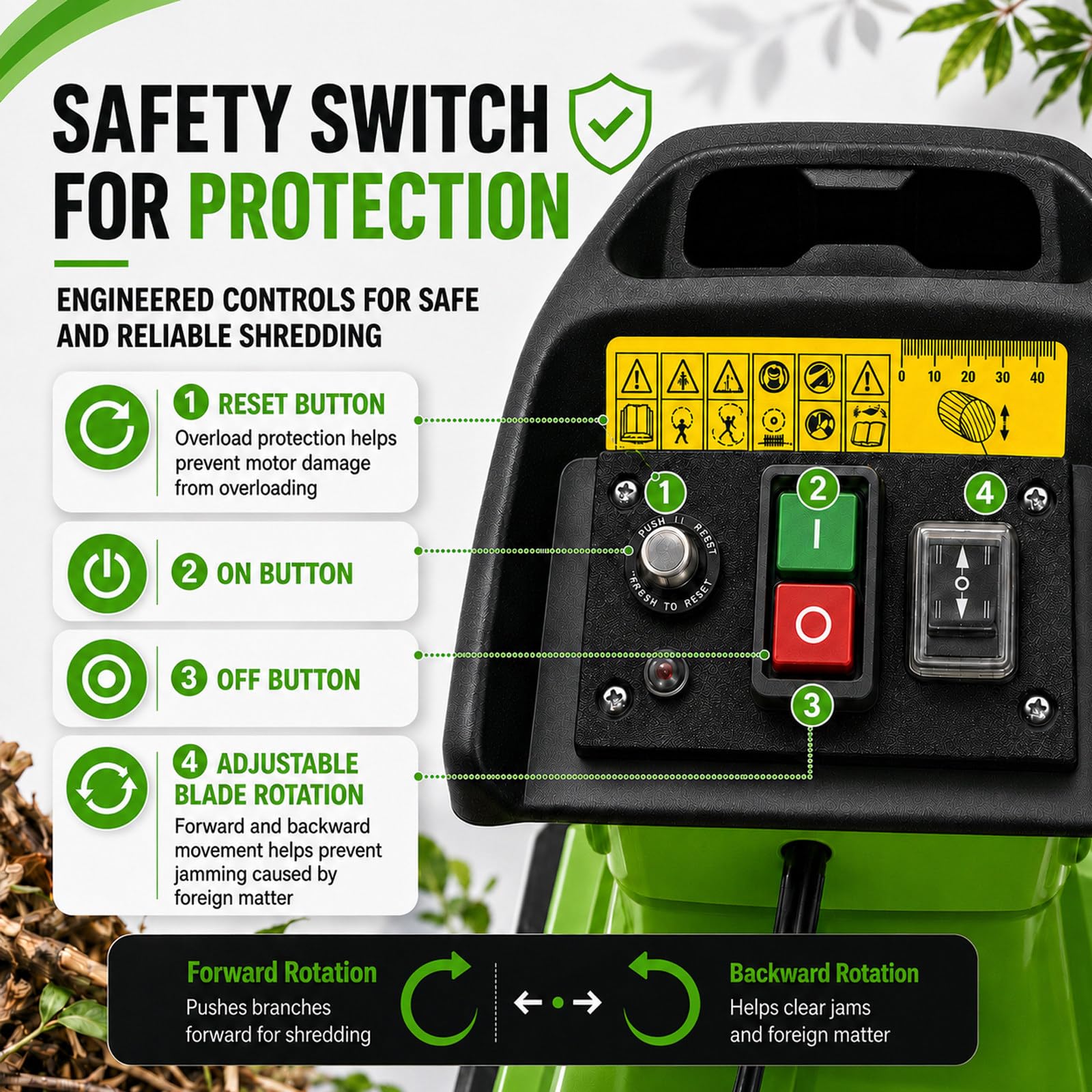MIAOXIAOLONG Broyeur Déchiqueteuse Électrique, 2800W avec Capacité De Coupe 45mm, Bac De Collecte 60L, Système De Protection De Sécurité Et Roues Portables, pour L'entretien des Pelouses